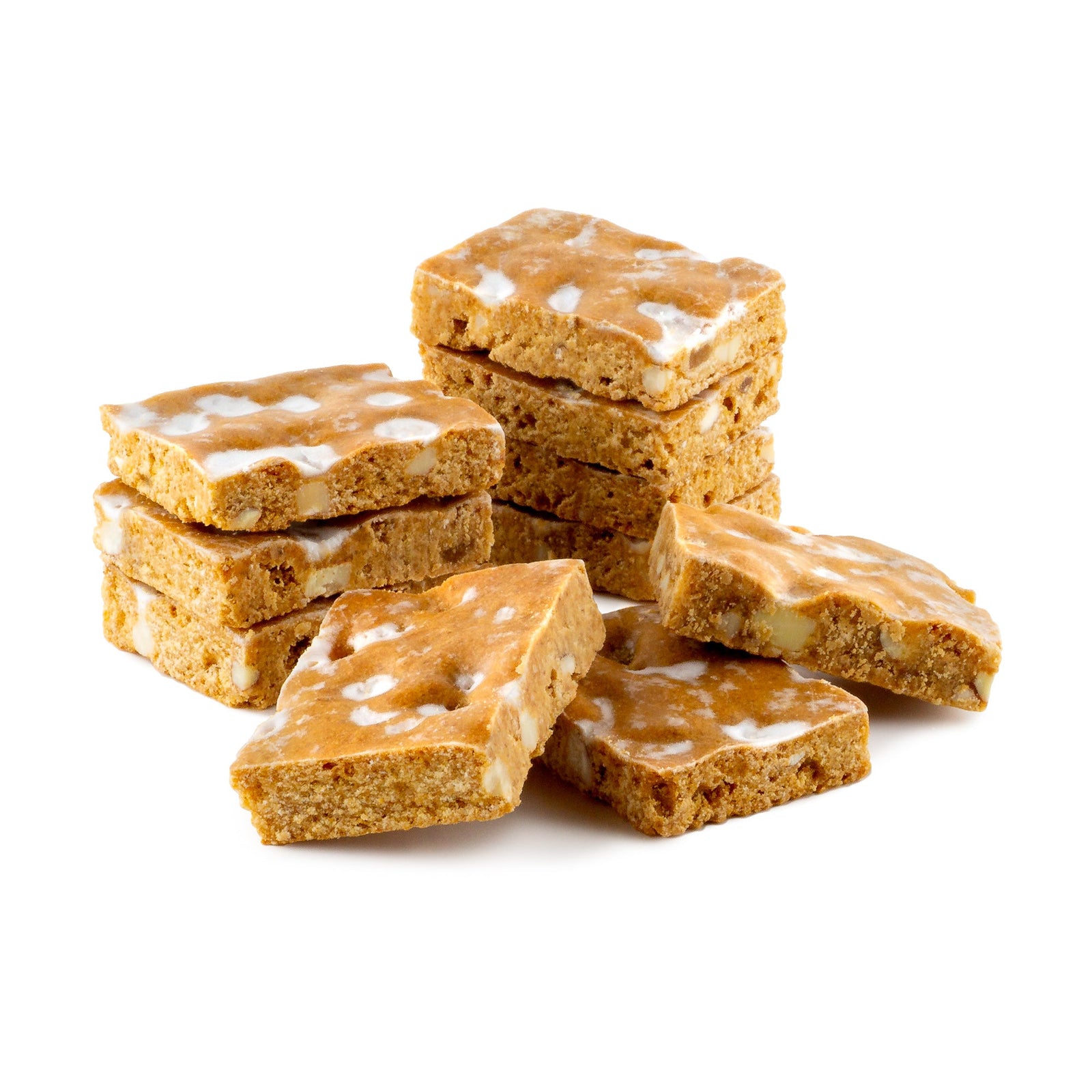 Loose Leckerli (golden rectangular cut cookies with a light sugar glaze and almonds inside) next to a clear bag of 10 cookies and a rectanular box of 24, each with a red product label that shows Swiss designs.