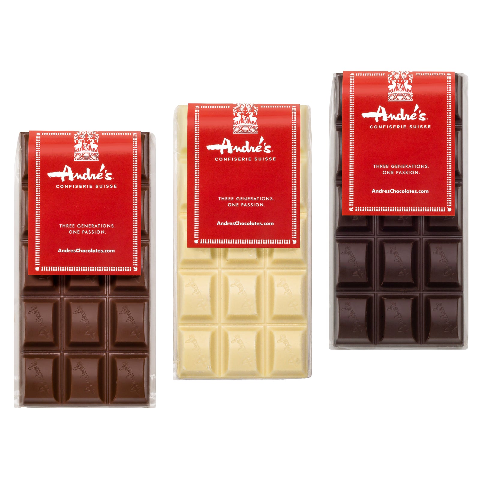 Three chocolate bars in a variety of flavors, from left to right: dark chocolate, white chocolate, and milk chocolate, all with red packaging.