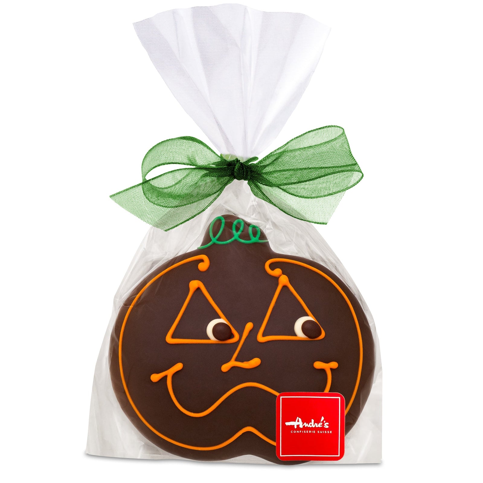 Clear bag tied with a green bow containing a milk chocolate covered gingerbread pumpkin-shaped cookie with orange iced eyes, nose and smile.