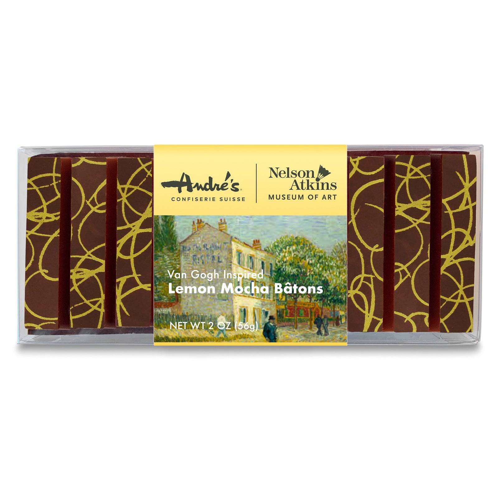 A clear box with dark chocolate sticks with yellow designs with a product label that showcases a Van Gogh painting.