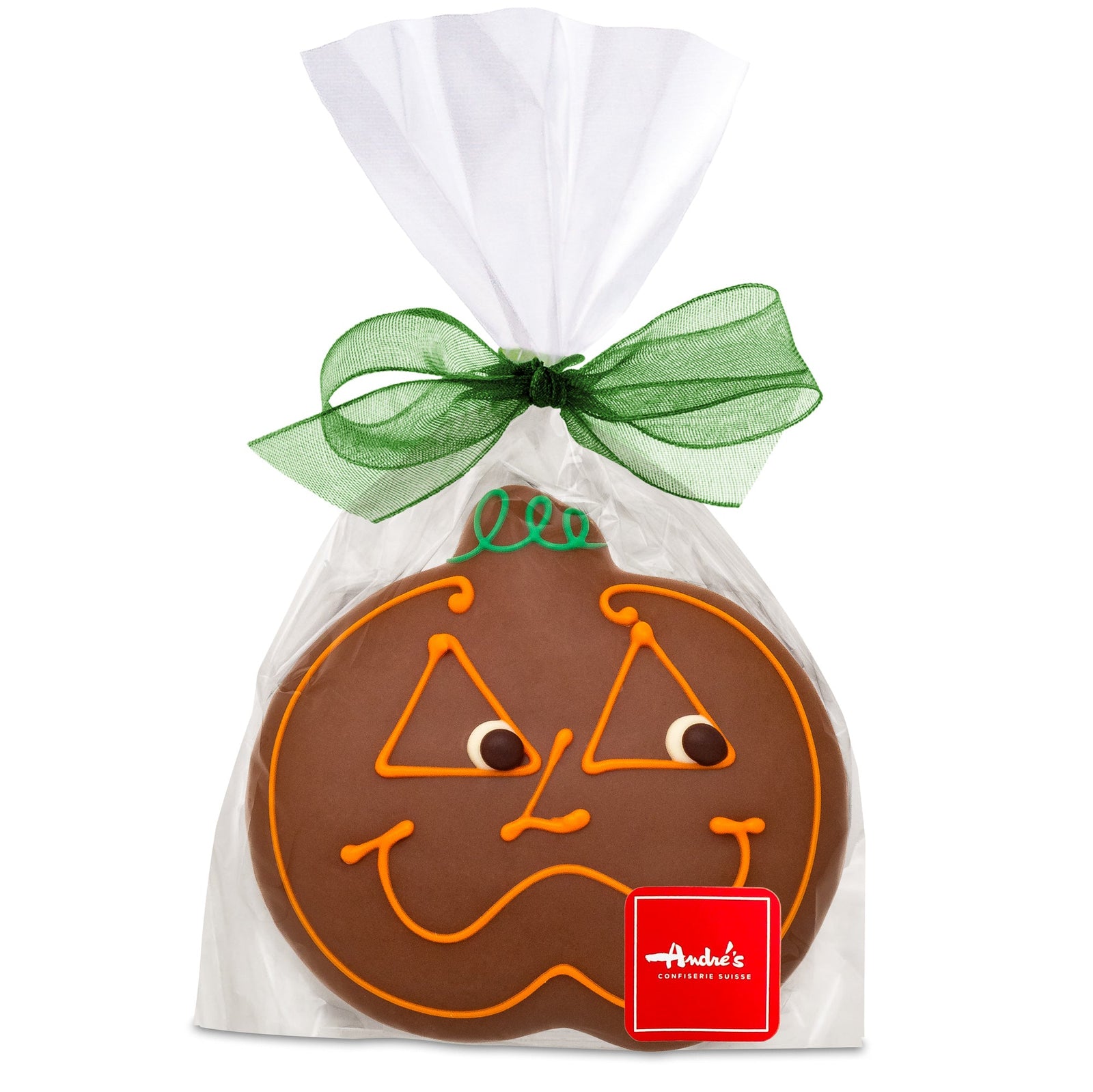Clear bag tied with a green bow containing a milk chocolate covered gingerbread pumpkin-shaped cookie with orange iced eyes, nose and smile.