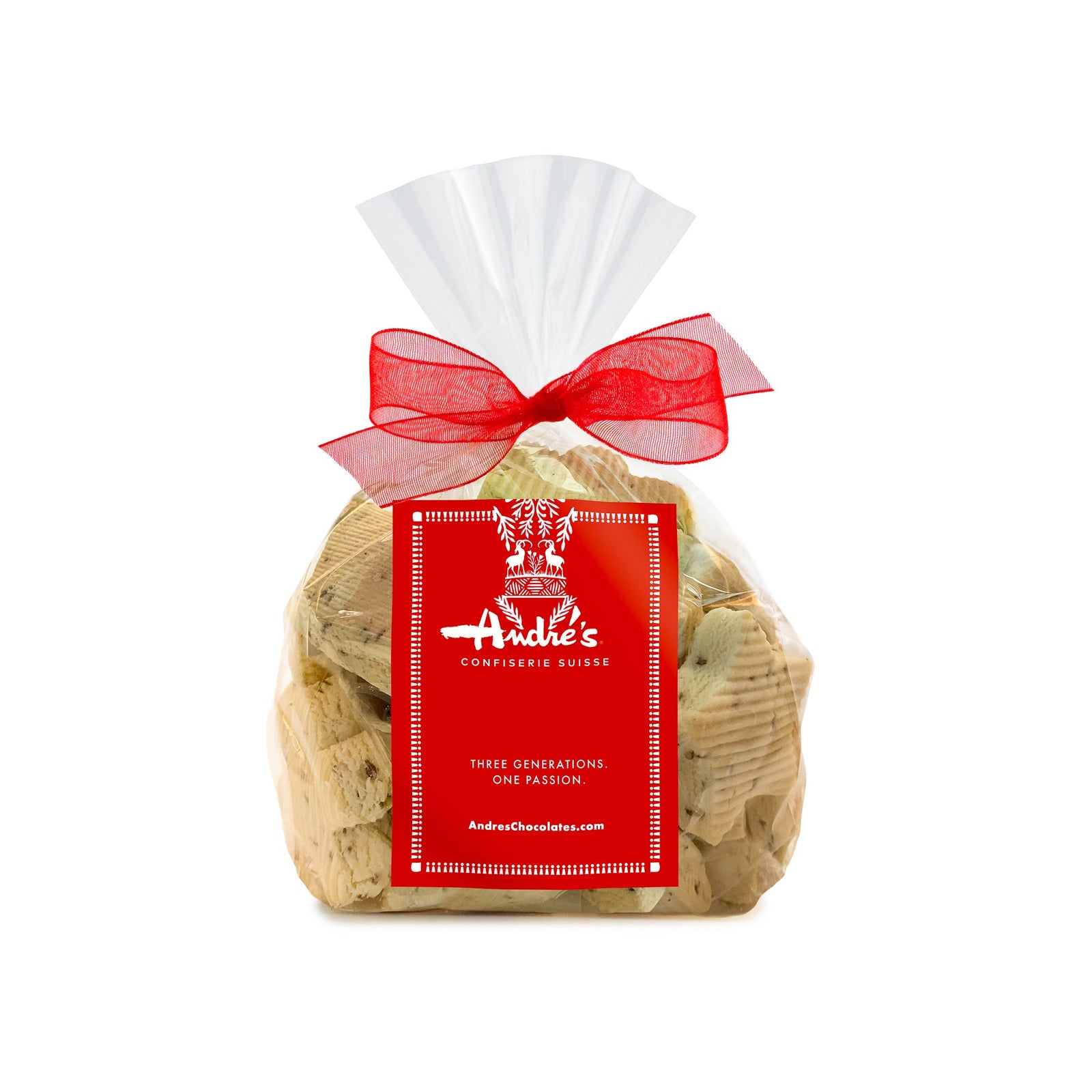 red Andre's sticker on clear bag filled with tan cookies tied with a red bow 