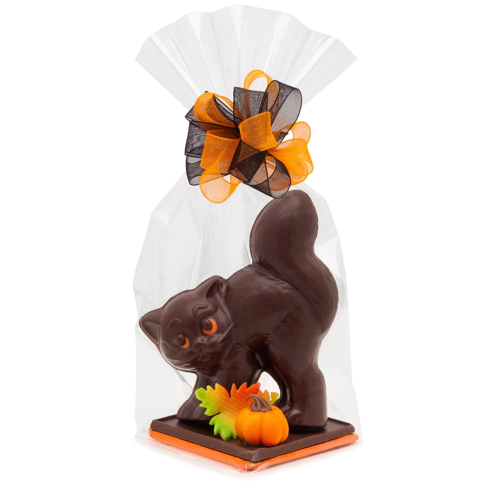 Dark Chocolate molded hissing cat with orange marzipan pumpkin and flower in a clear bag with orange and black bow.