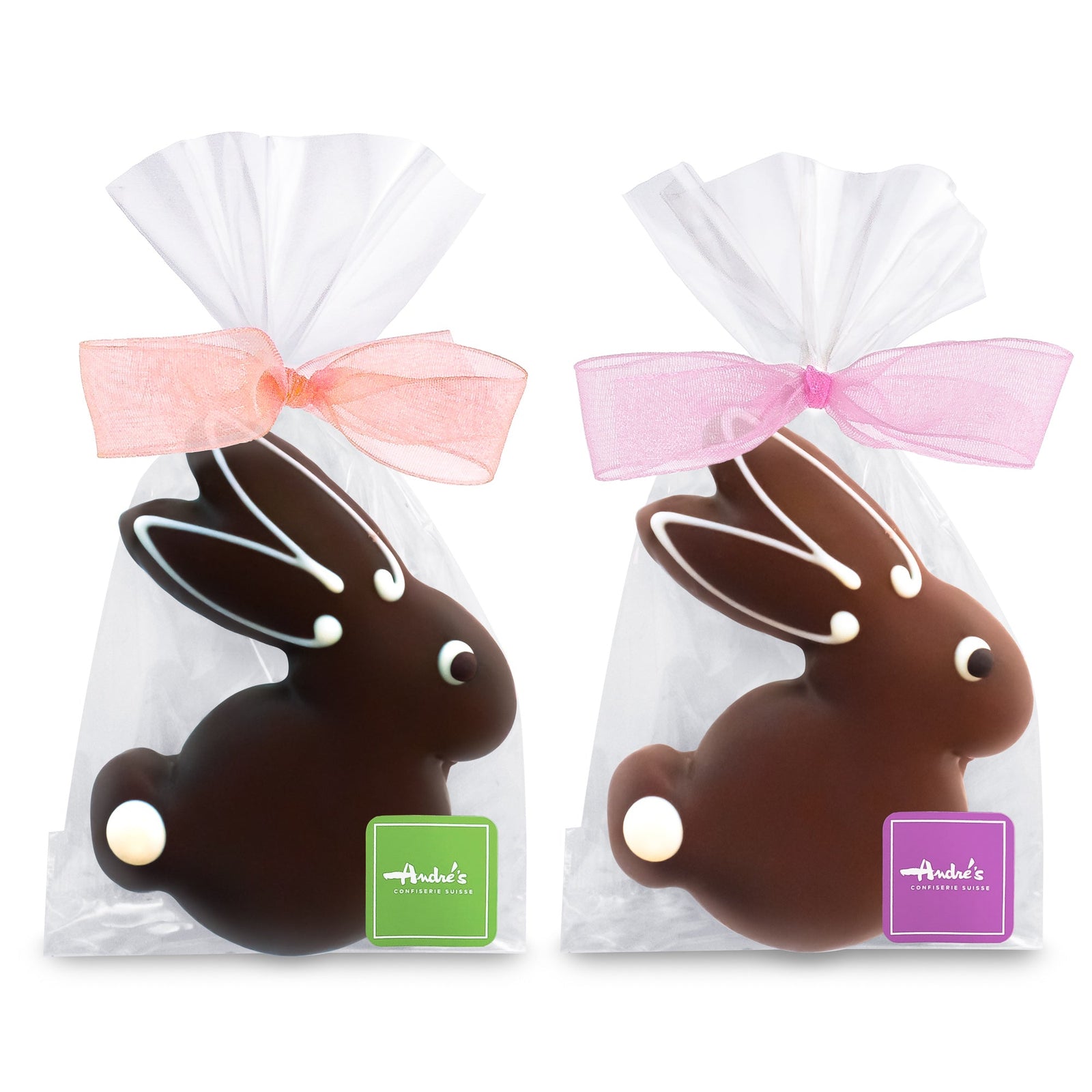 Chocolate covered bunny shaped cookies in clear bags with spring colored bows and Andre's logo stickers.