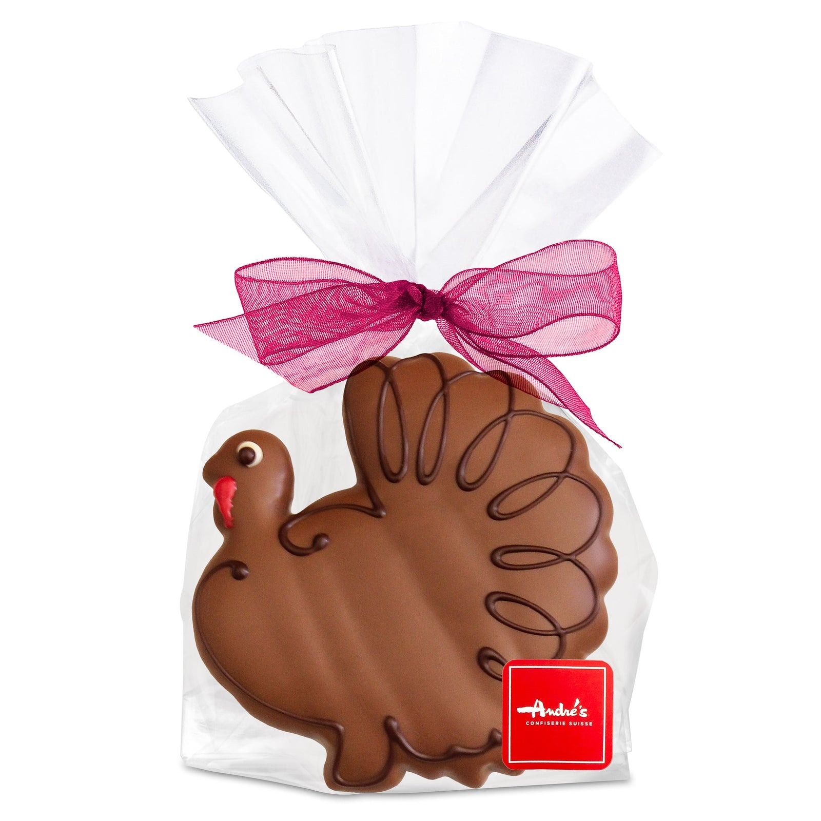 Turkey shaped cookie, covered with dark chocolate and iced to show eye, waddle, and shape of feathers, in a clear bag with orange bow and red logo sticker.