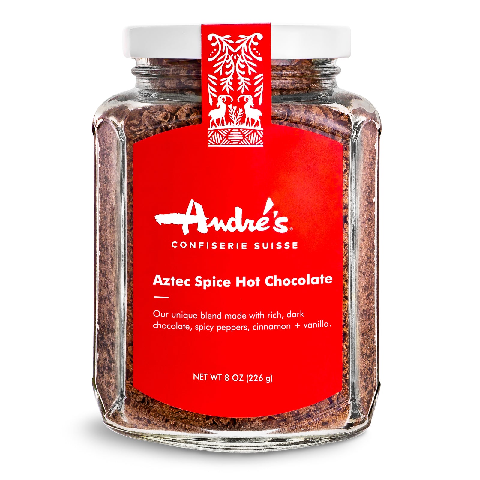 Packaged Aztec Spice Hot Chocolate mix with a red and white bow on top.