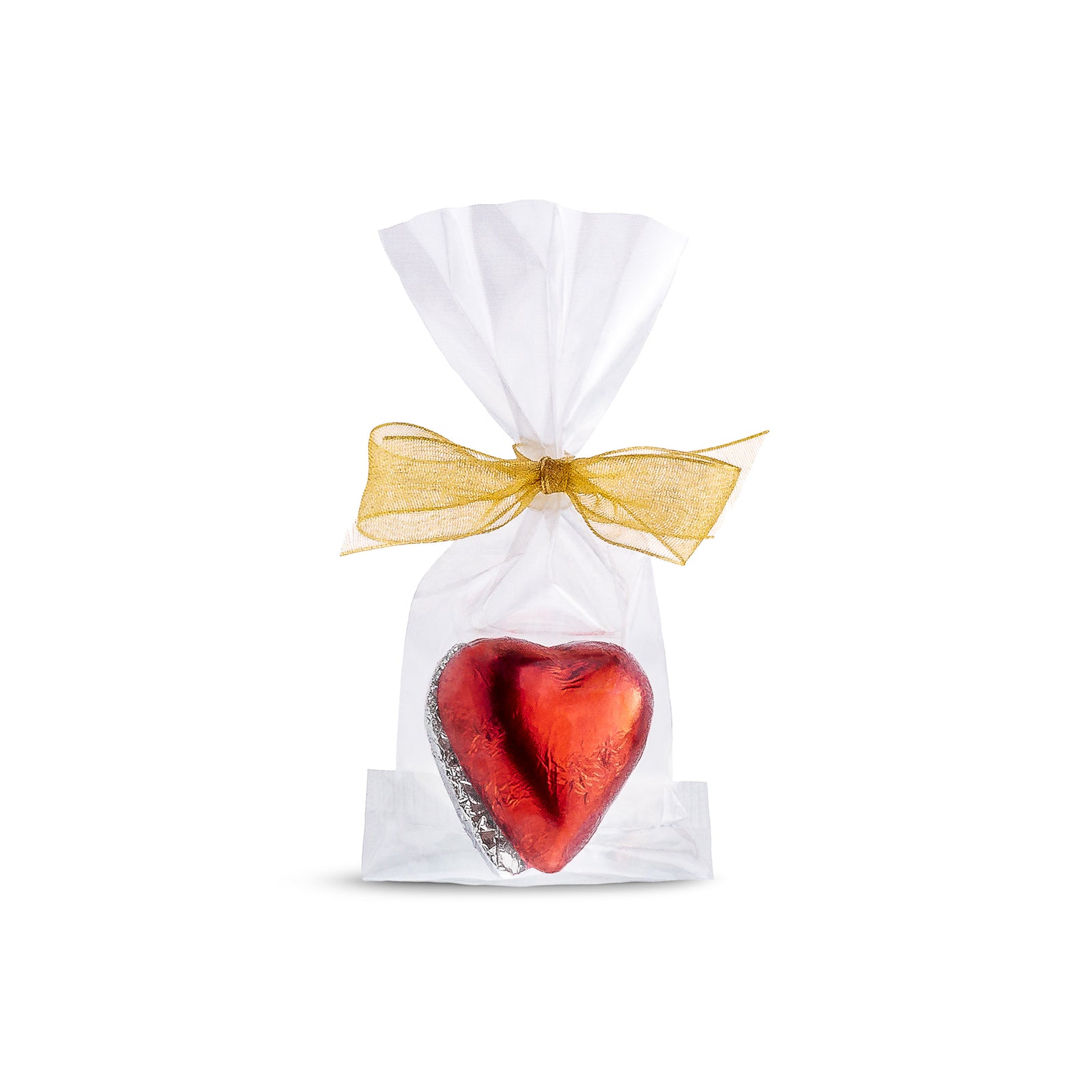 3 clear bags, each filled with foil covered hearts and tied with a sheer ribbon. Each features an Andre's logo sticker on the front.