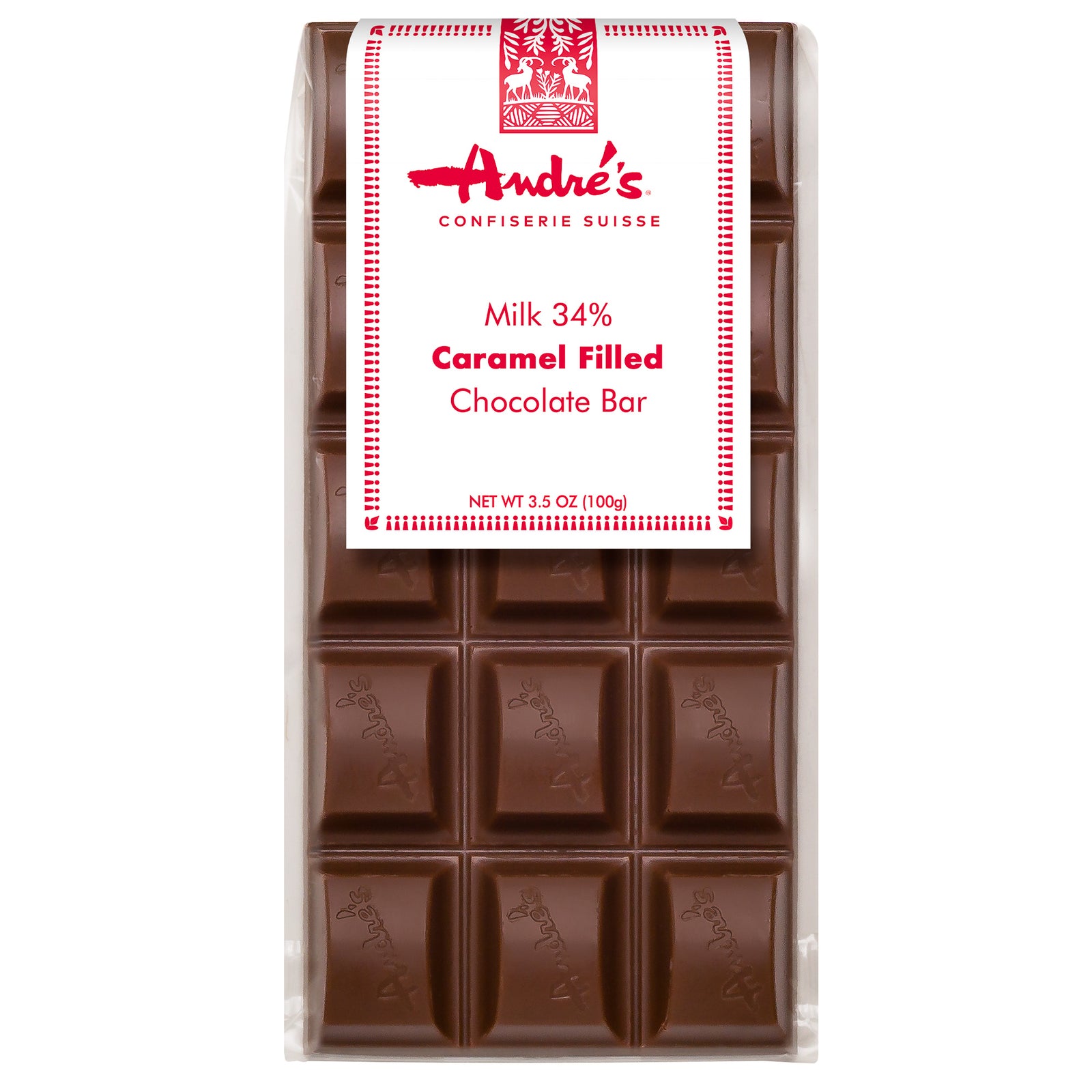 Packaged milk chocolate caramel filled bar with visible branding and product details on the label.