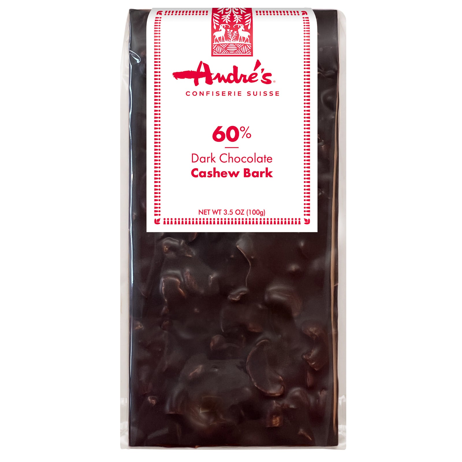 solid dark chocolate bark bar with chunks of cashews visible inside, with red and white product label