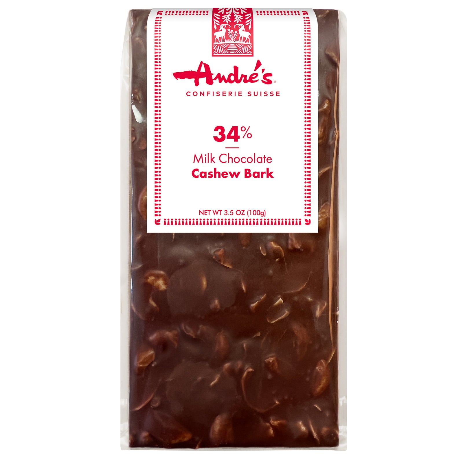 solid milk chocolate bark bar with chunks of cashews visible inside, with red and white product label