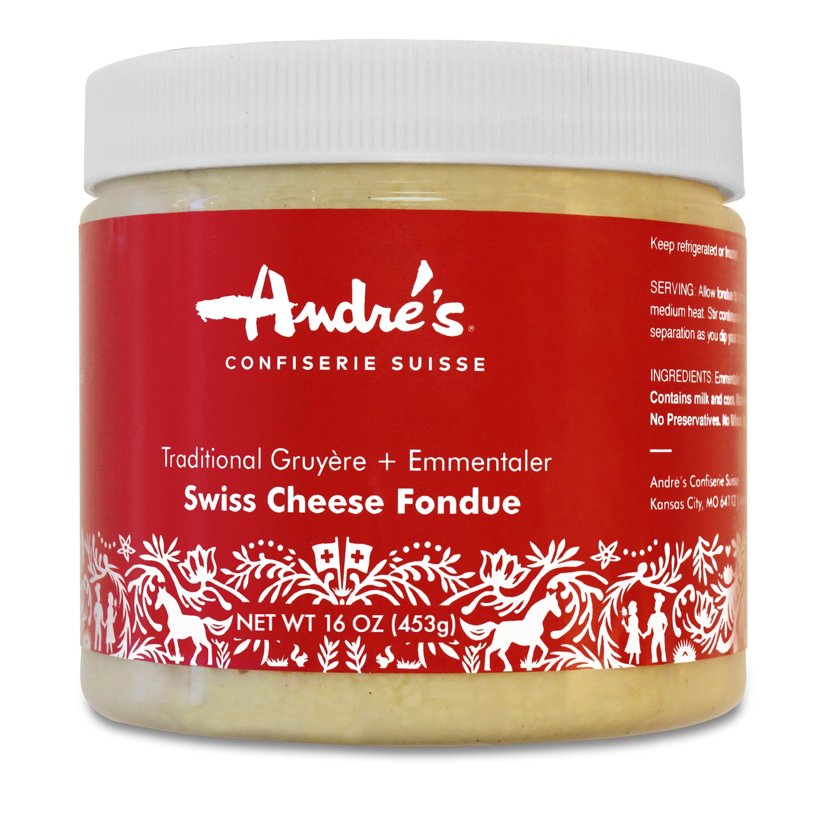 A jar of Andre's Swiss Cheese Fondue, showing the label which mentions Traditional Gruyere and Emmentaler Swiss Cheese Fondue, net weight 16 oz (453g).