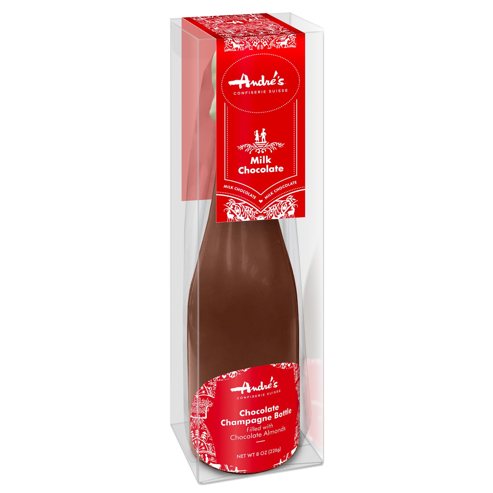 Clear box with champagne split bottle made of milk chocolate with red product label.