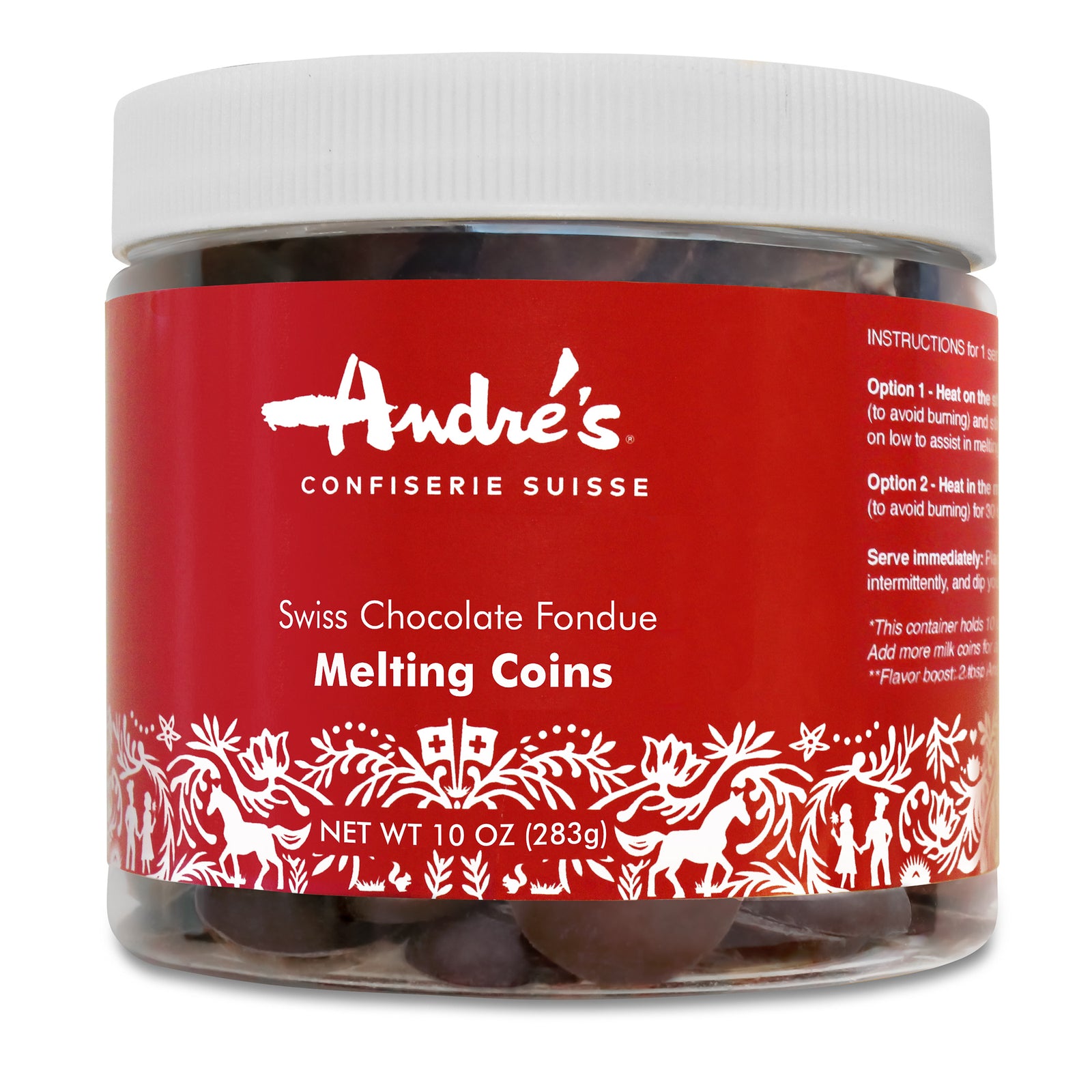 A clear jar with red and white label, containing dark chocolate melting coins, with a white lid on top.