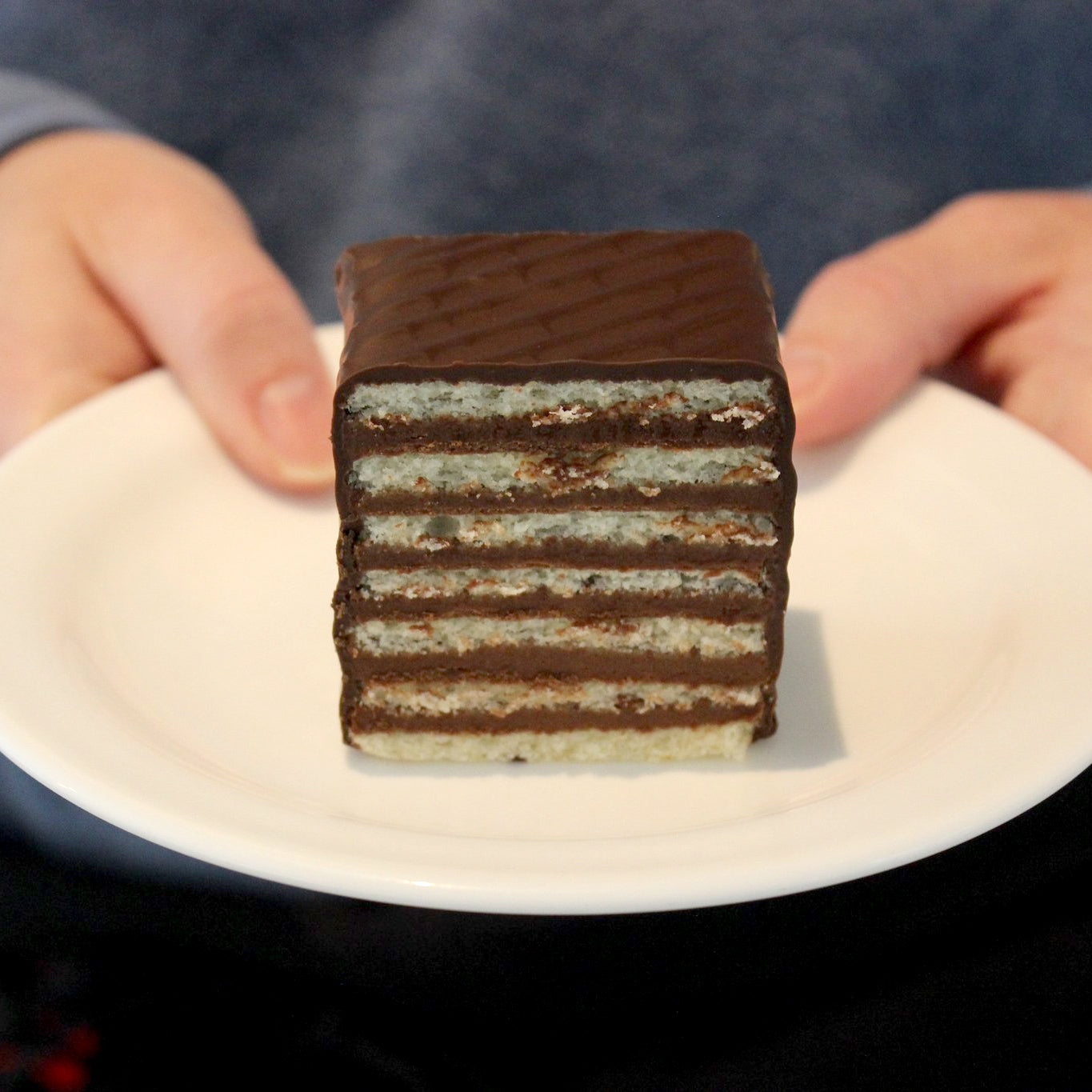 Chocolate covered rectangle cake, topped with a stripe design and Andre's logo chocolate medallion, with a slice beside. Layers of cake and chocolate are visible inside.