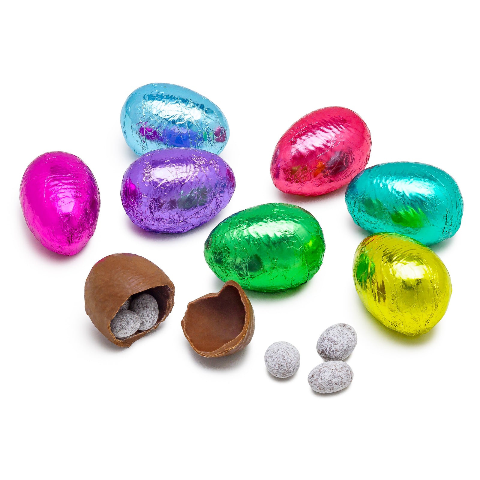 A variety of colorful chocolate eggs, each filled with chocolate covered almonds, displayed on a white background.