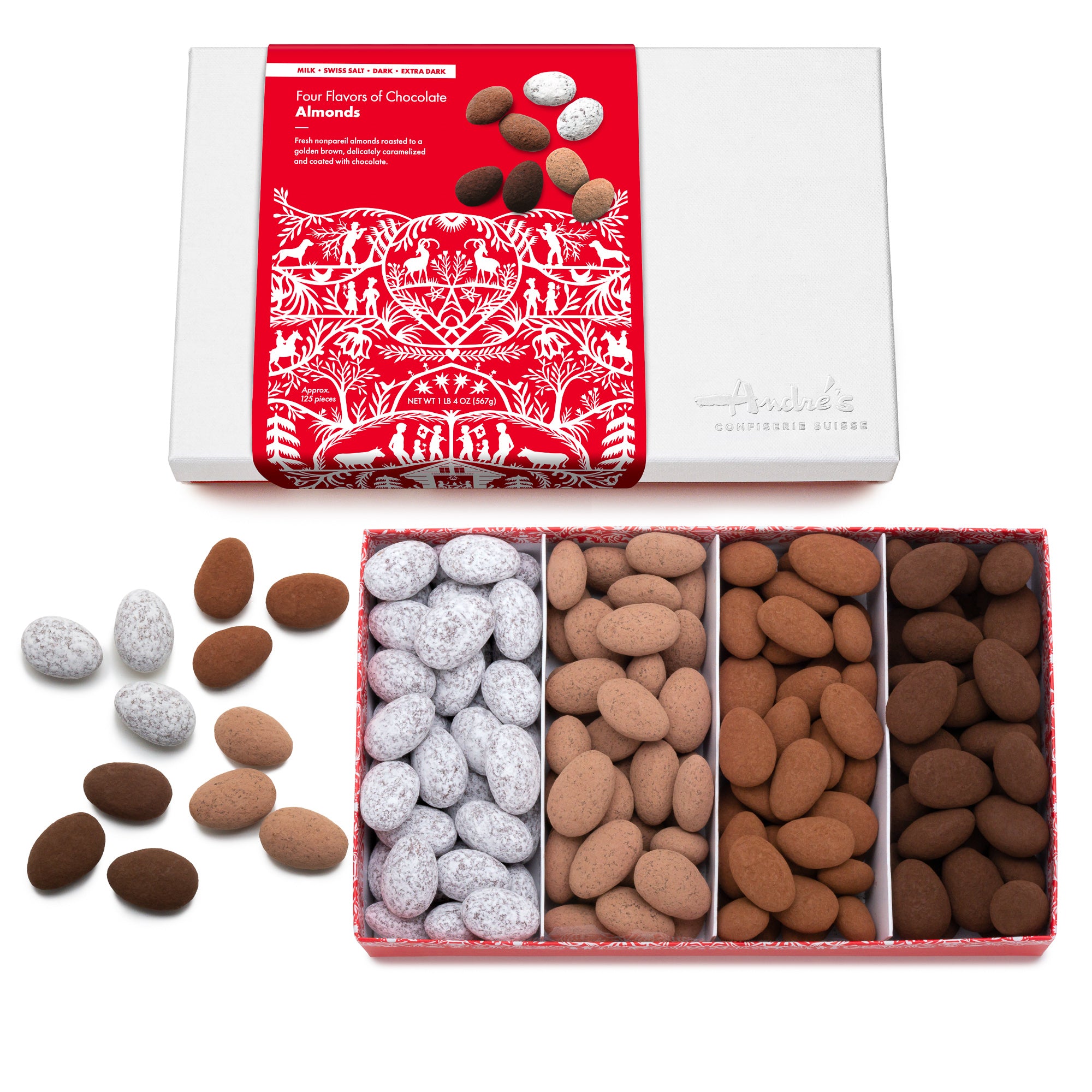 Almonriz Four Flavor Chocolate Almonds Box - André’s Confiserie Suisse