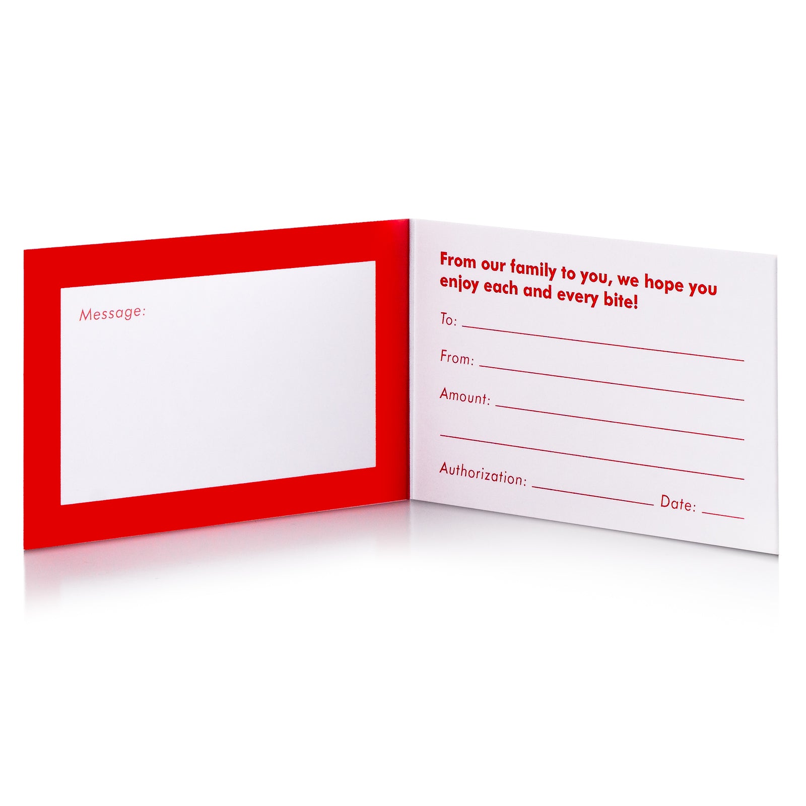 A red gift certificate with white text displaying the name 'Andrés Confiserie Suisse' and a white envelope behind it.