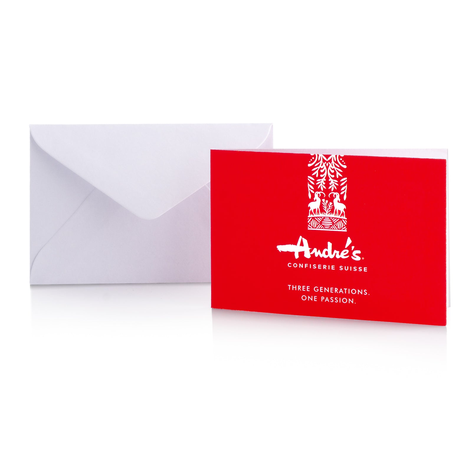 A red gift certificate with white text displaying the name 'Andrés Confiserie Suisse' and a white envelope behind it.