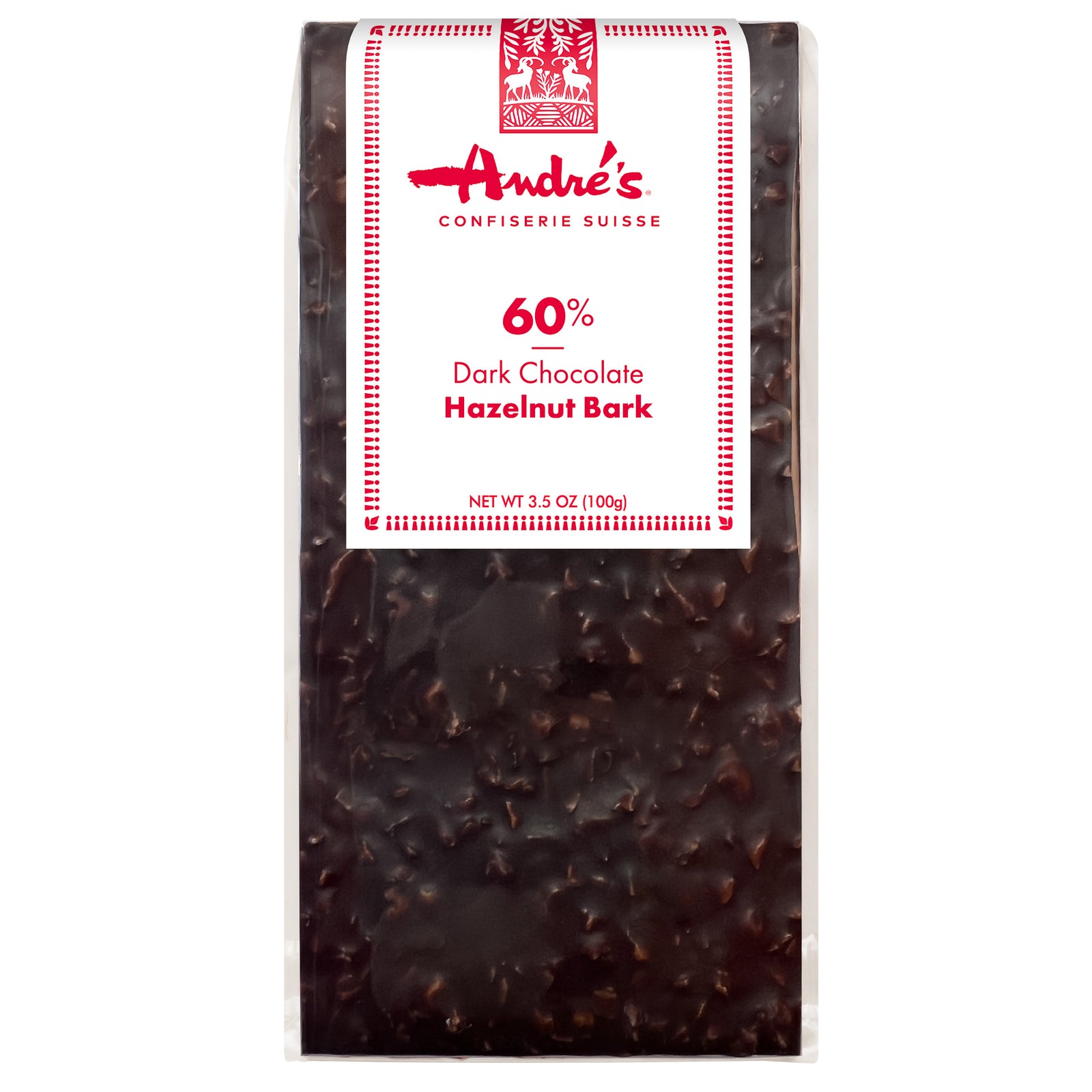 solid dark chocolate bark bar with chunks of chopped hazelnuts visible inside, with red and white product label