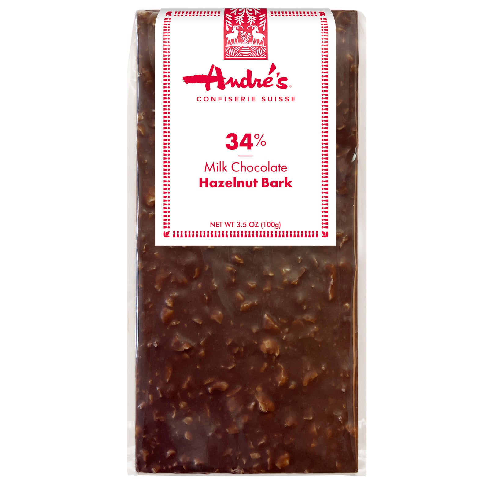 solid milk chocolate bark bar with chunks of chopped hazelnuts visible inside, with red and white product label