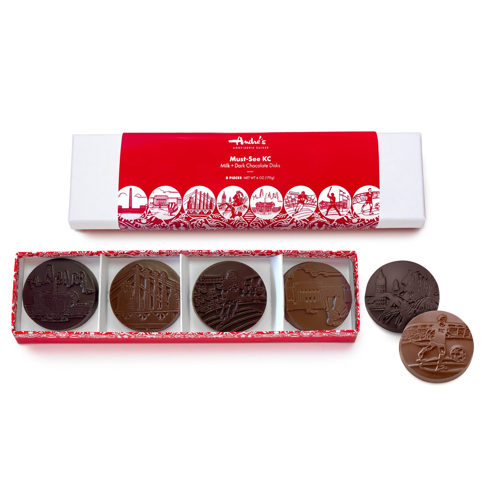 2 chocolate disks imprinted with football player images next to the packaged disks in clear bag with red product label.