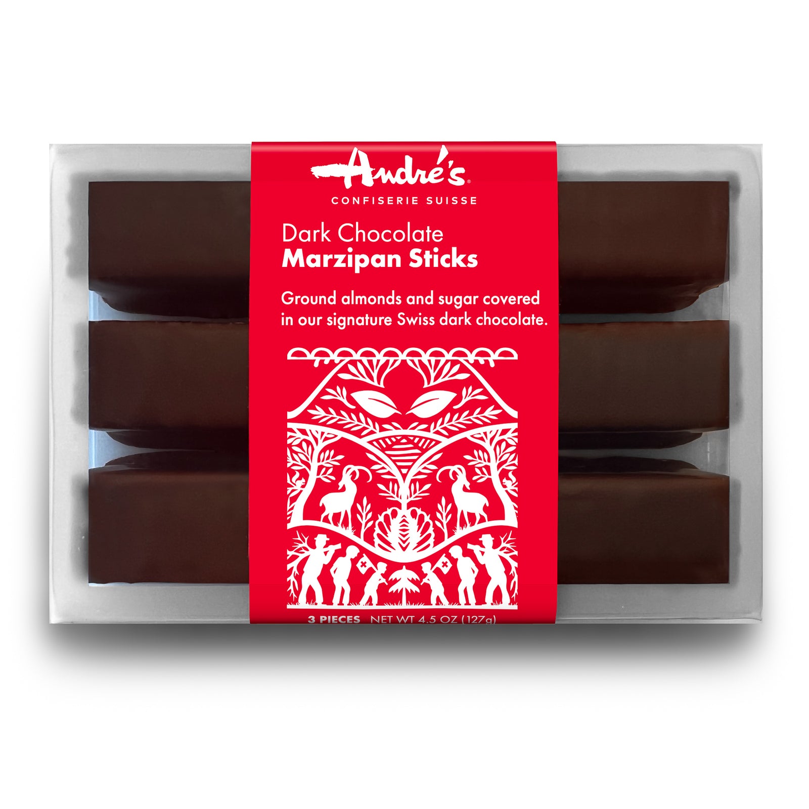 3 thick sticks coated in dark chocolate in a clear box wrapped with red product label.