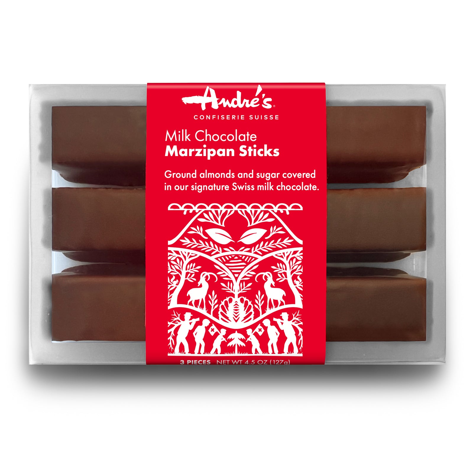 3 thick sticks coated in dark chocolate in a clear box wrapped with red product label.