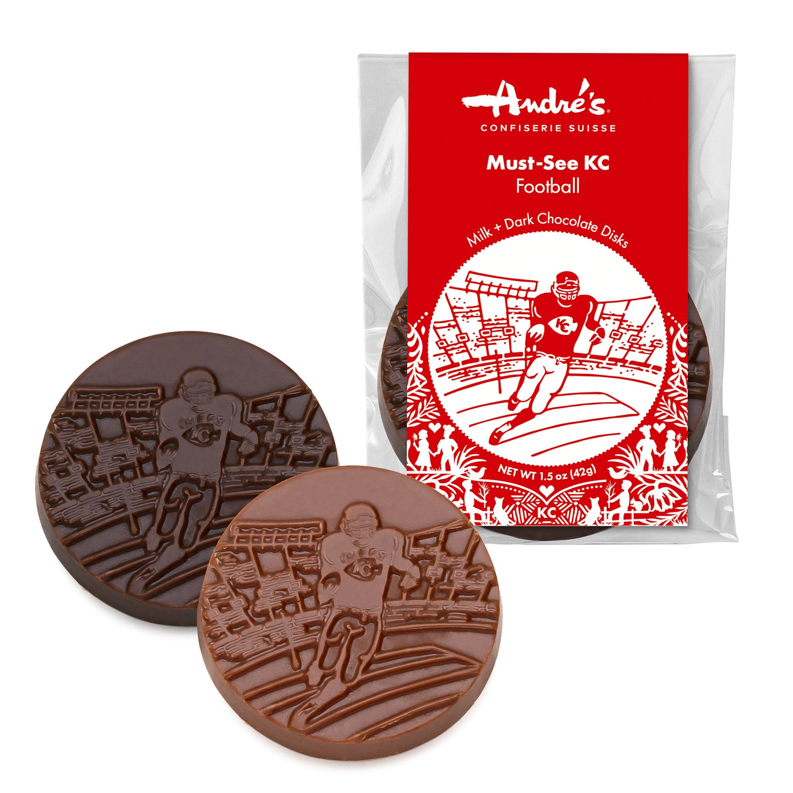 2 chocolate disks imprinted with football player images next to the packaged disks in clear bag with red product label.