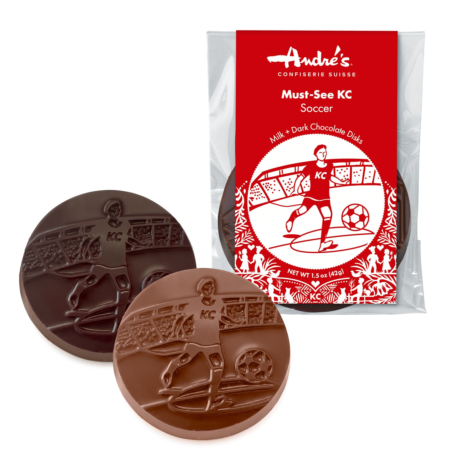 2 chocolate disks imprinted with  soccer player images next to the packaged disks in clear bag with red product label.