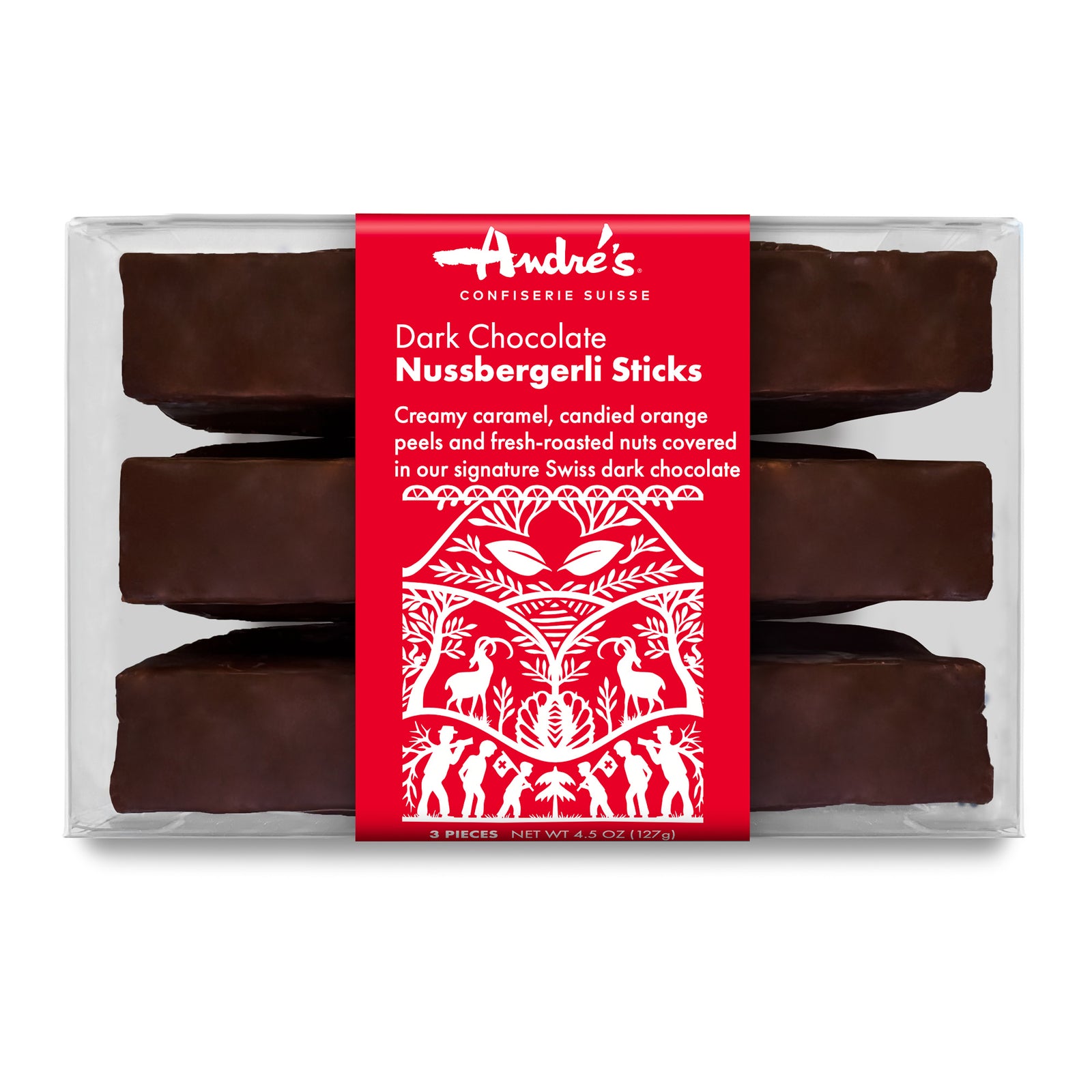 3 thick sticks coated in dark chocolate in a clear box wrapped with red product label.