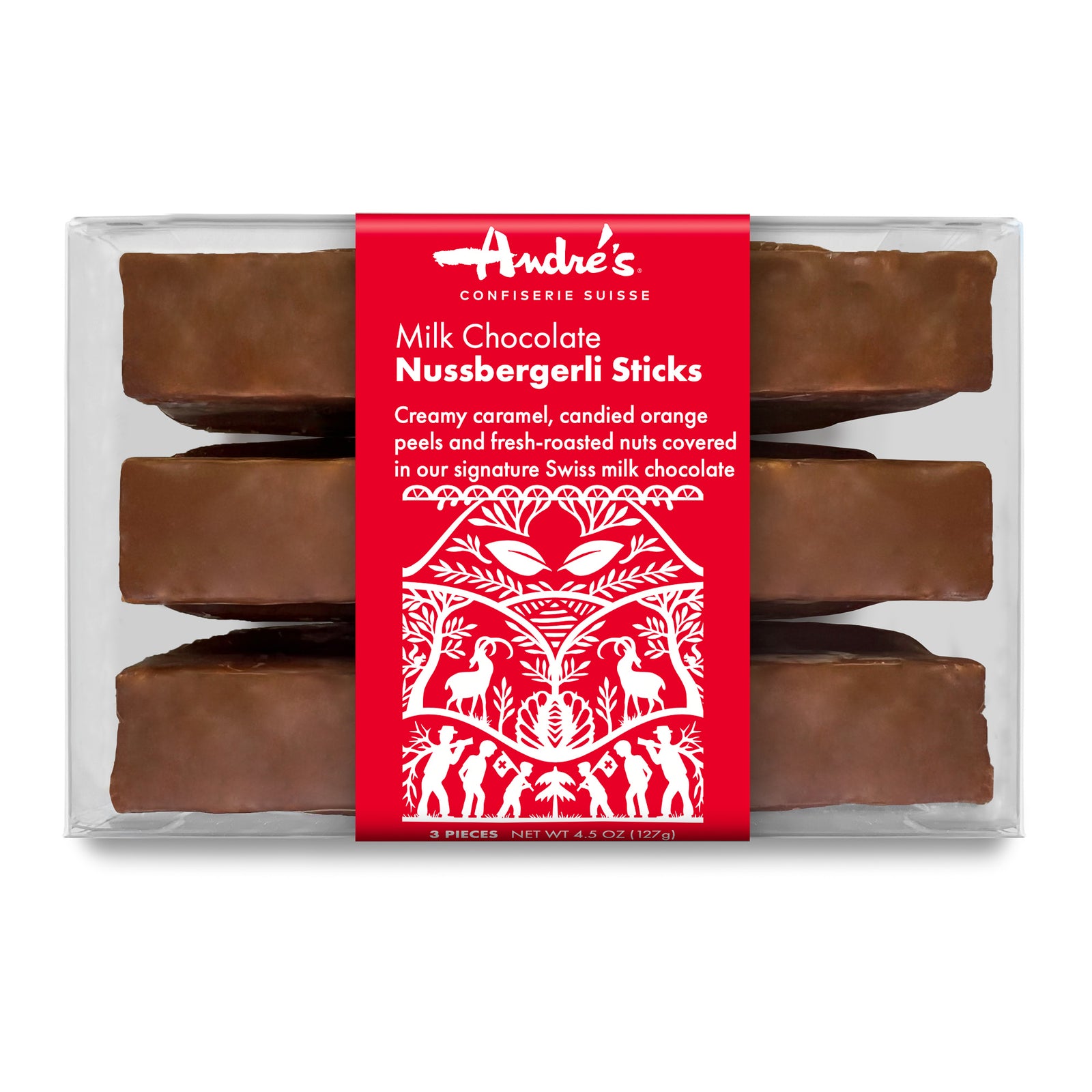 3 thick sticks coated in dark chocolate in a clear box wrapped with red product label.