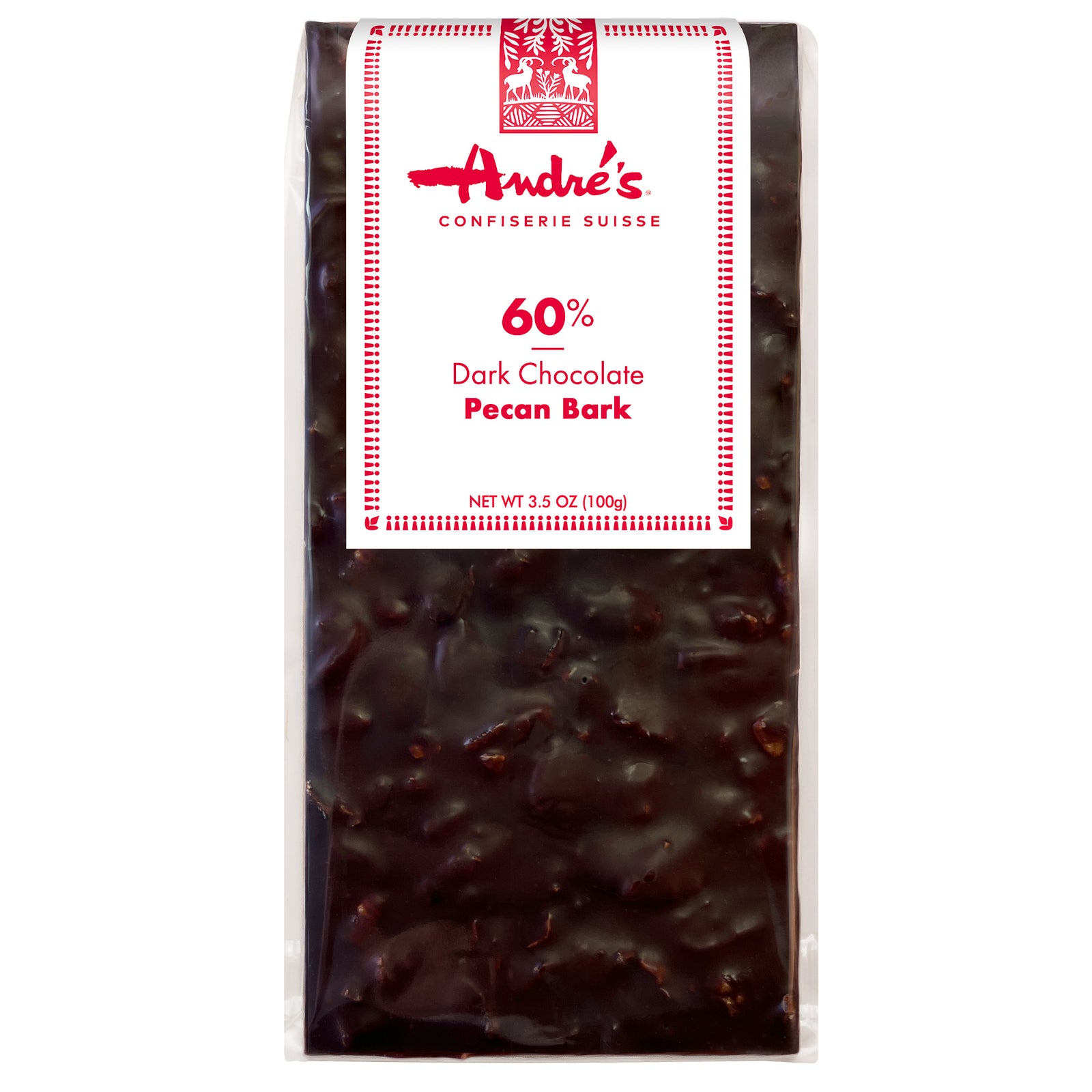 Solid dark chocolate bark bar with chunks of pecans visible inside, with red and white product label.