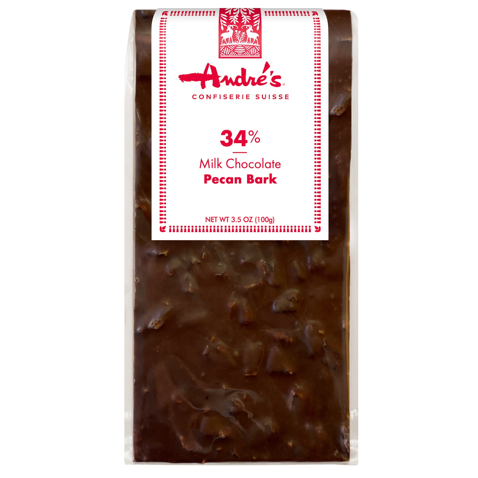solid milk chocolate bark bar with chunks of pecans visible inside, with red and white product label