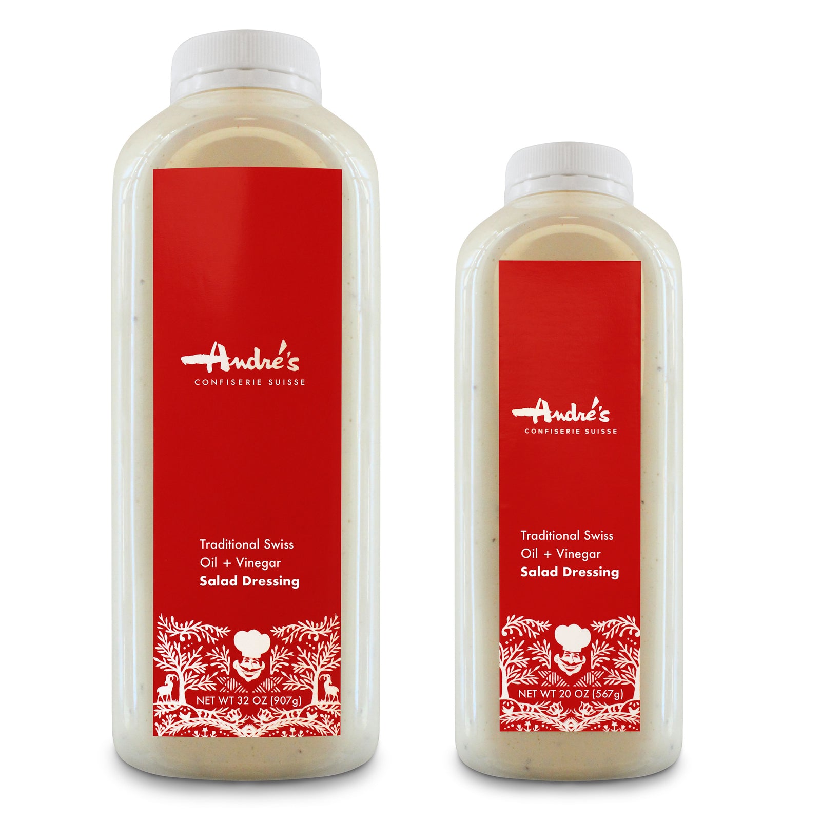 Two bottles of Signature Salad Dressing with red labels, one larger and one smaller, both with white text and decorative elements.