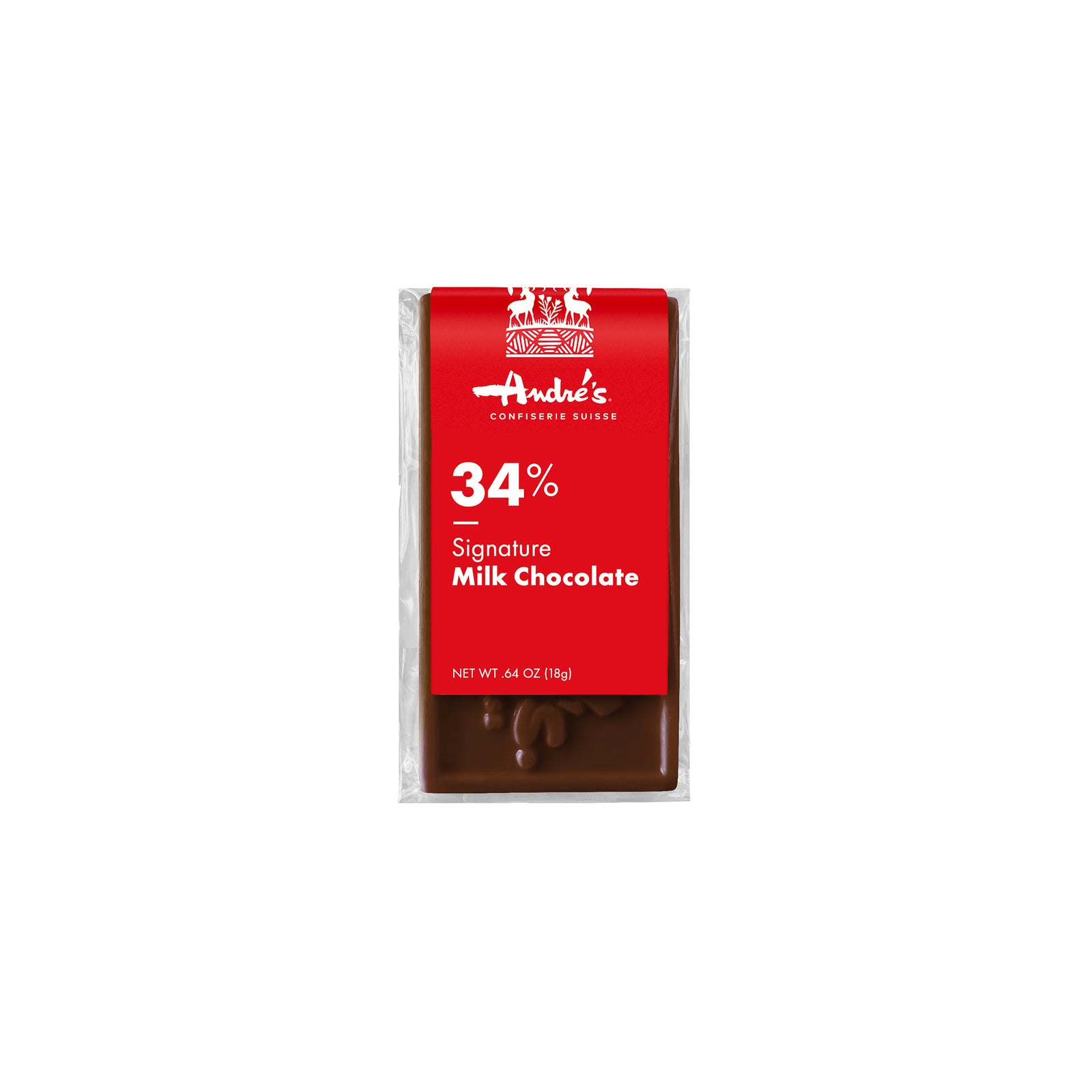 A small rectangular mini bar chocolate with a red and white label indicating it is 34% milk chocolate.
