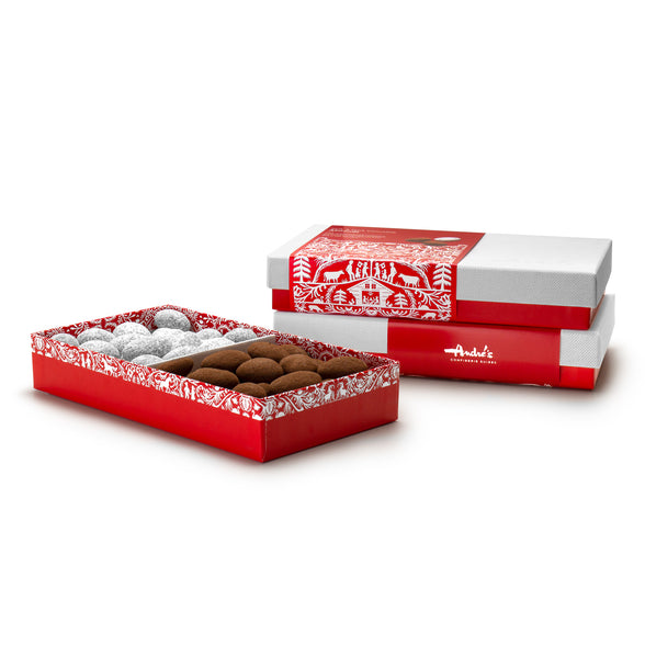 2 boxes with white lids, red bases and product labels, next to one base that is open and divided into halves of milk chocolate and dark chocolate almonds.