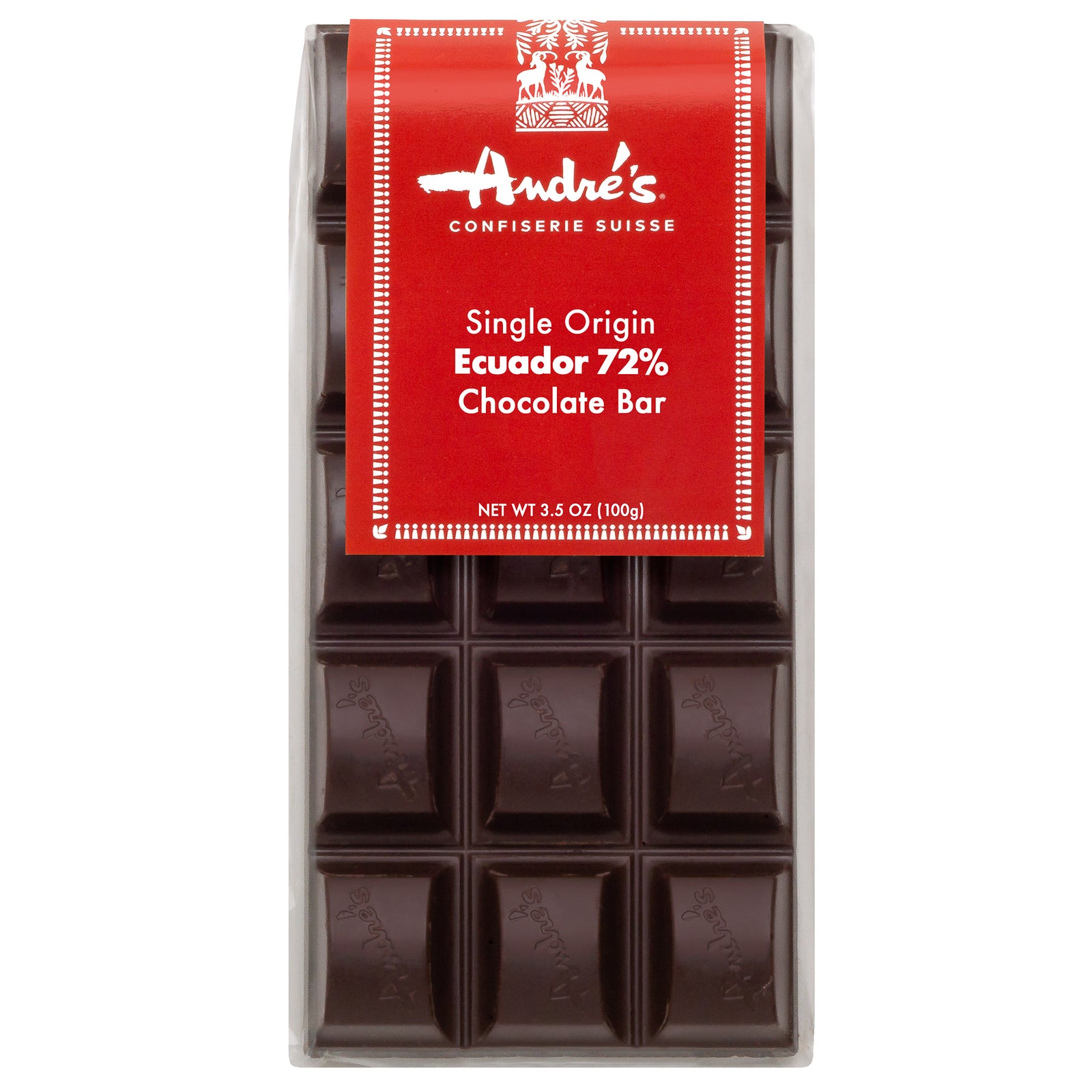 A bar of dark chocolate with break-away squares, packaged in a red and clear wrapper with 'Andre's Single Origin Ecuador 72% Dark Chocolate Bar' printed on it.