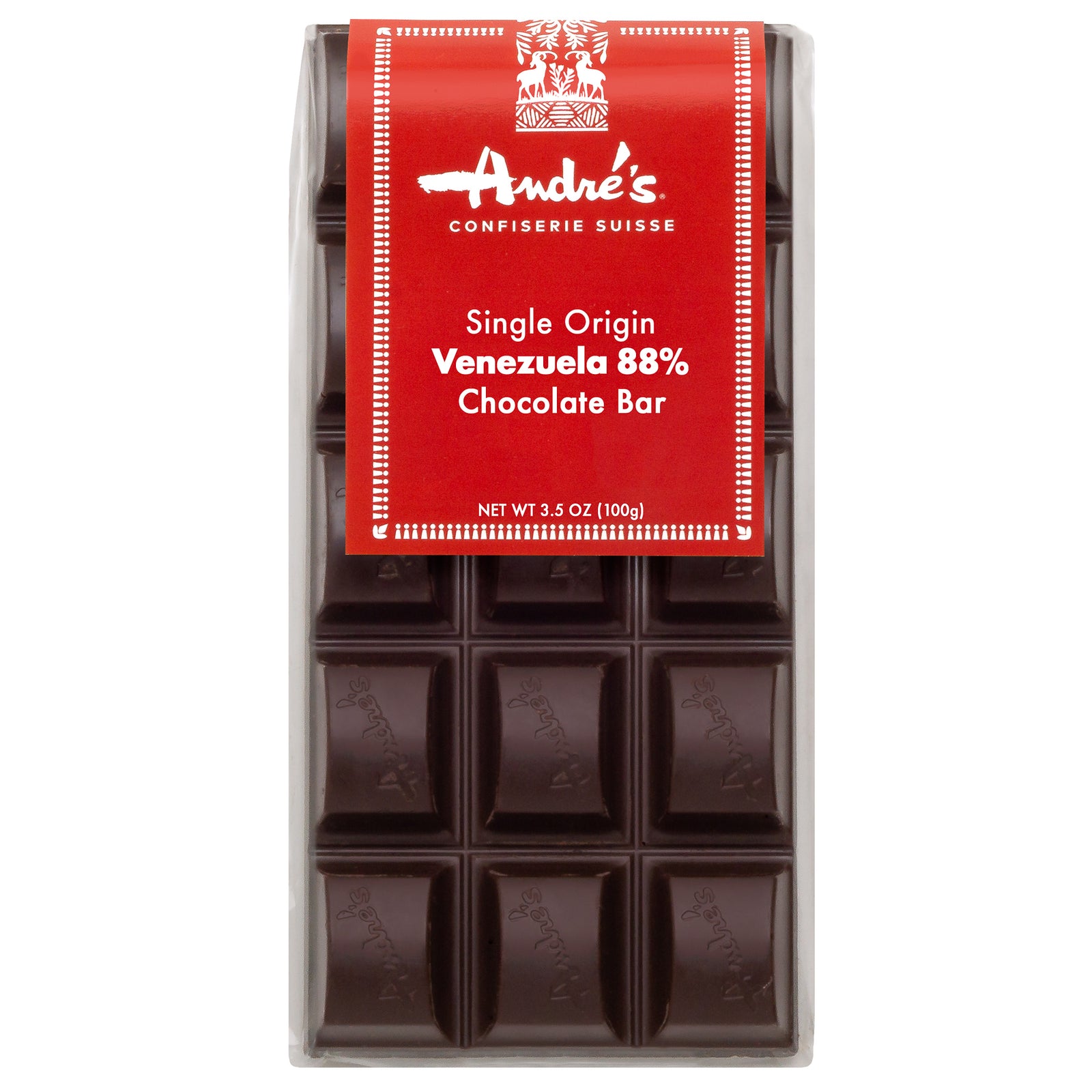 Rectangular dark chocolate bar made of breakaway squares with red product label.