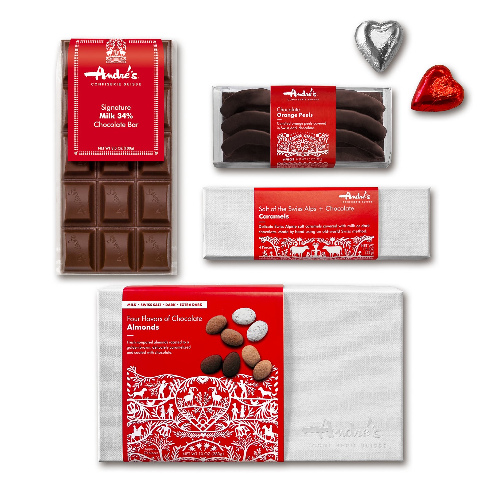 Overhead view of the items in the large gift box arranged on a table. All of them have signature Swiss red and white packaging.