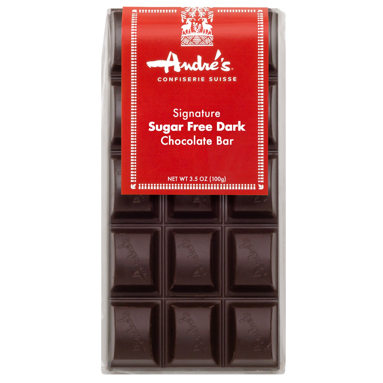 A pack of Andre's Sugar Free Dark Chocolate Bars, with the product visible through the clear window of the packaging.