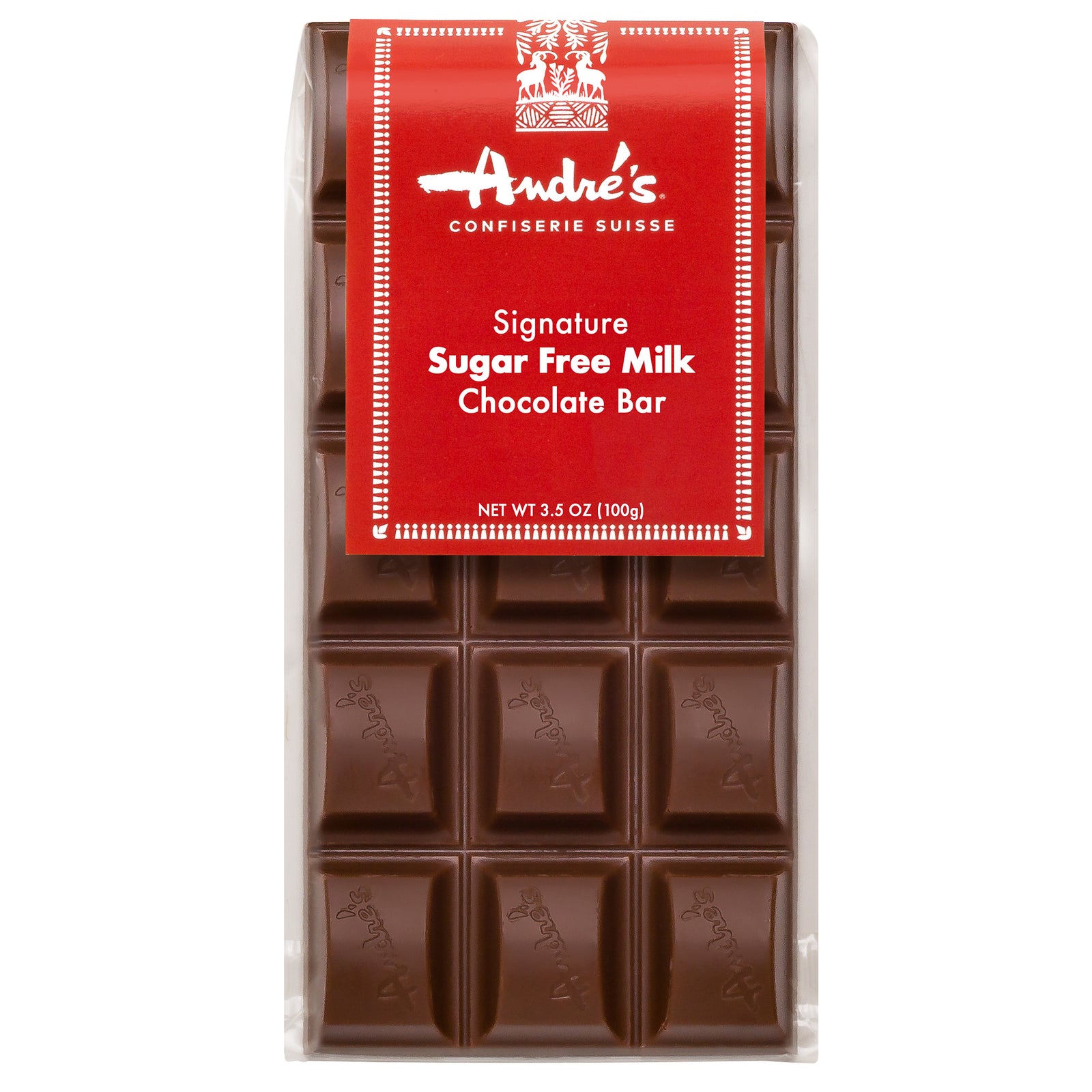 Bar made of milk chocolate squares in a clear bag with a white and red Signature Sugar Free Milk Chocolate Bar label