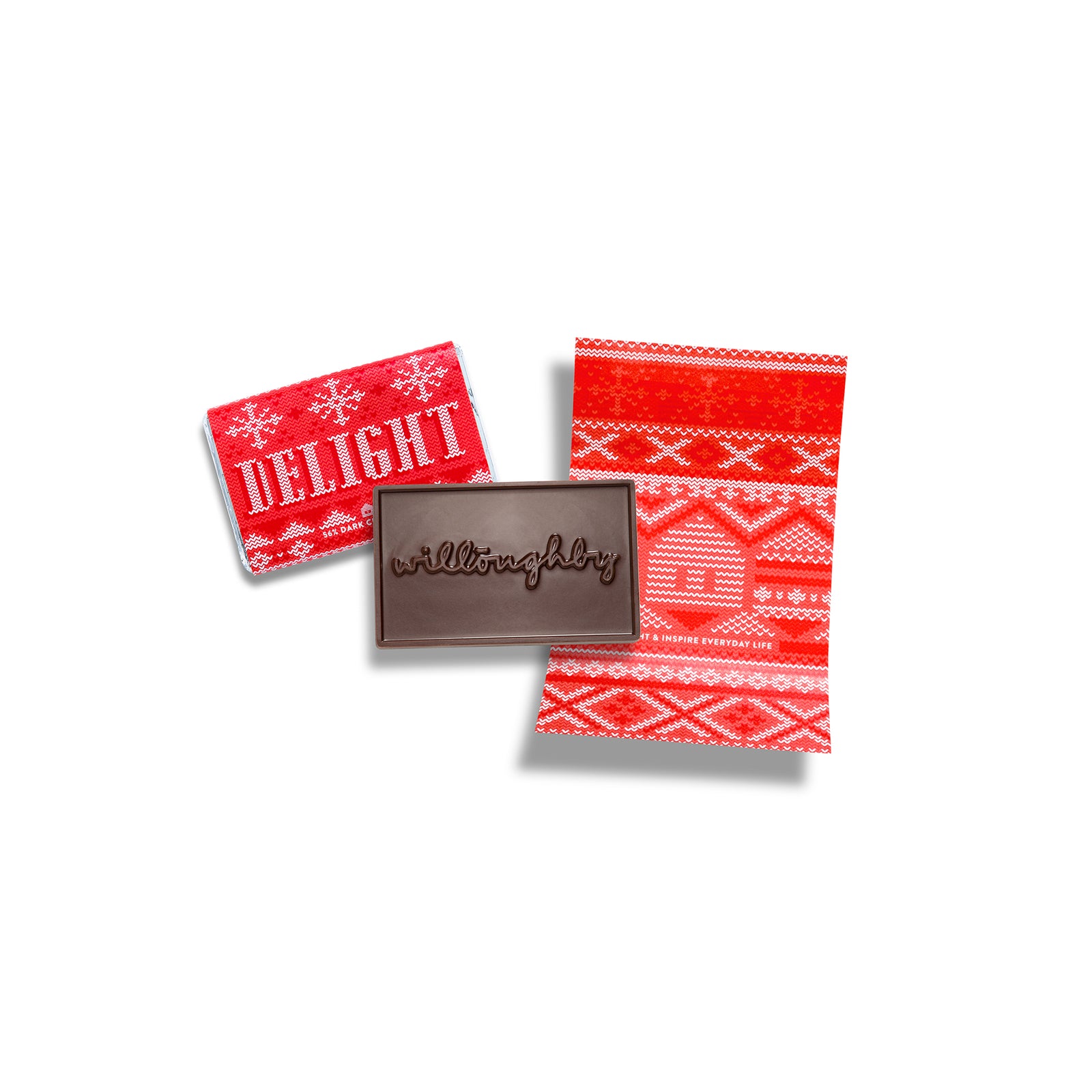 Small dark chocolate bar with Andre's logo imprinted, next to a large milk chocolate bar made of 15 breakaway squares. Both bars are in clear bags with hand-tied sheer ribbon bows.