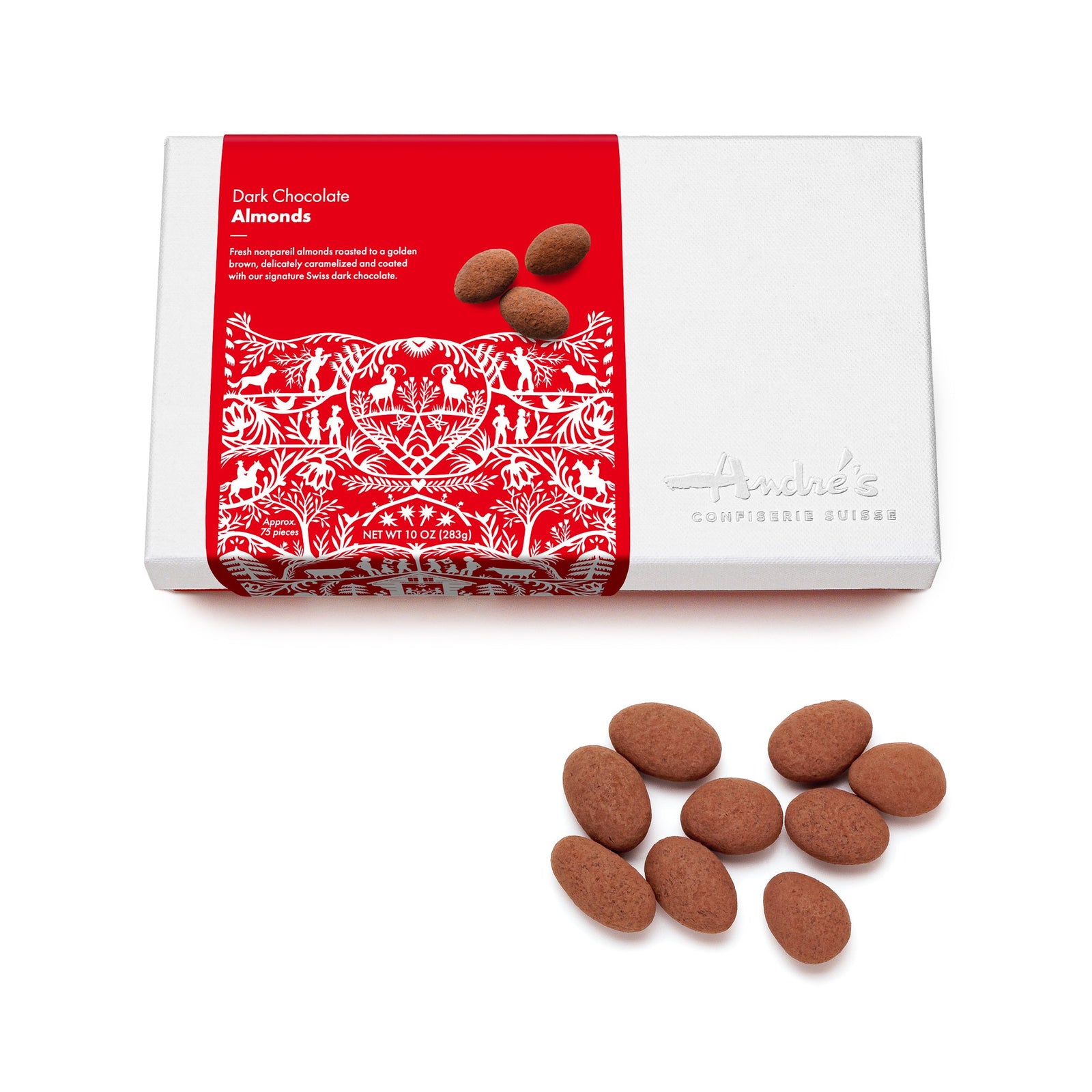 Cocoa powder coated chocolate almonds in a clear bag with red and white Swiss patterned ribbon and red product label.