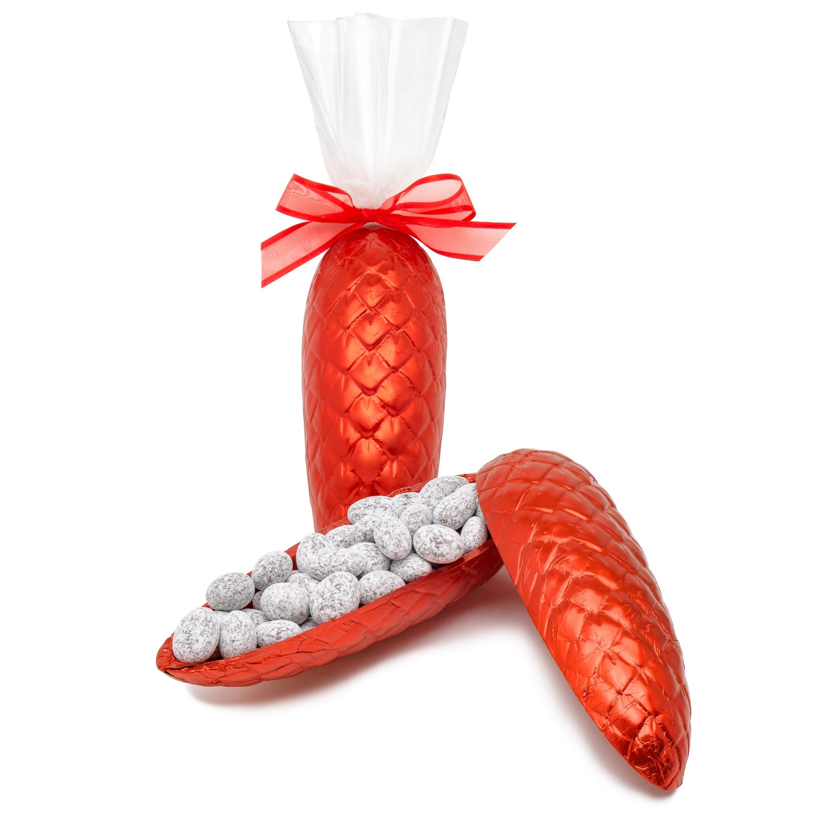 2 red foil-covered pinecone shells, one in a clear bag with red bow, the other open to reveal milk chocolate covered almonds inside.