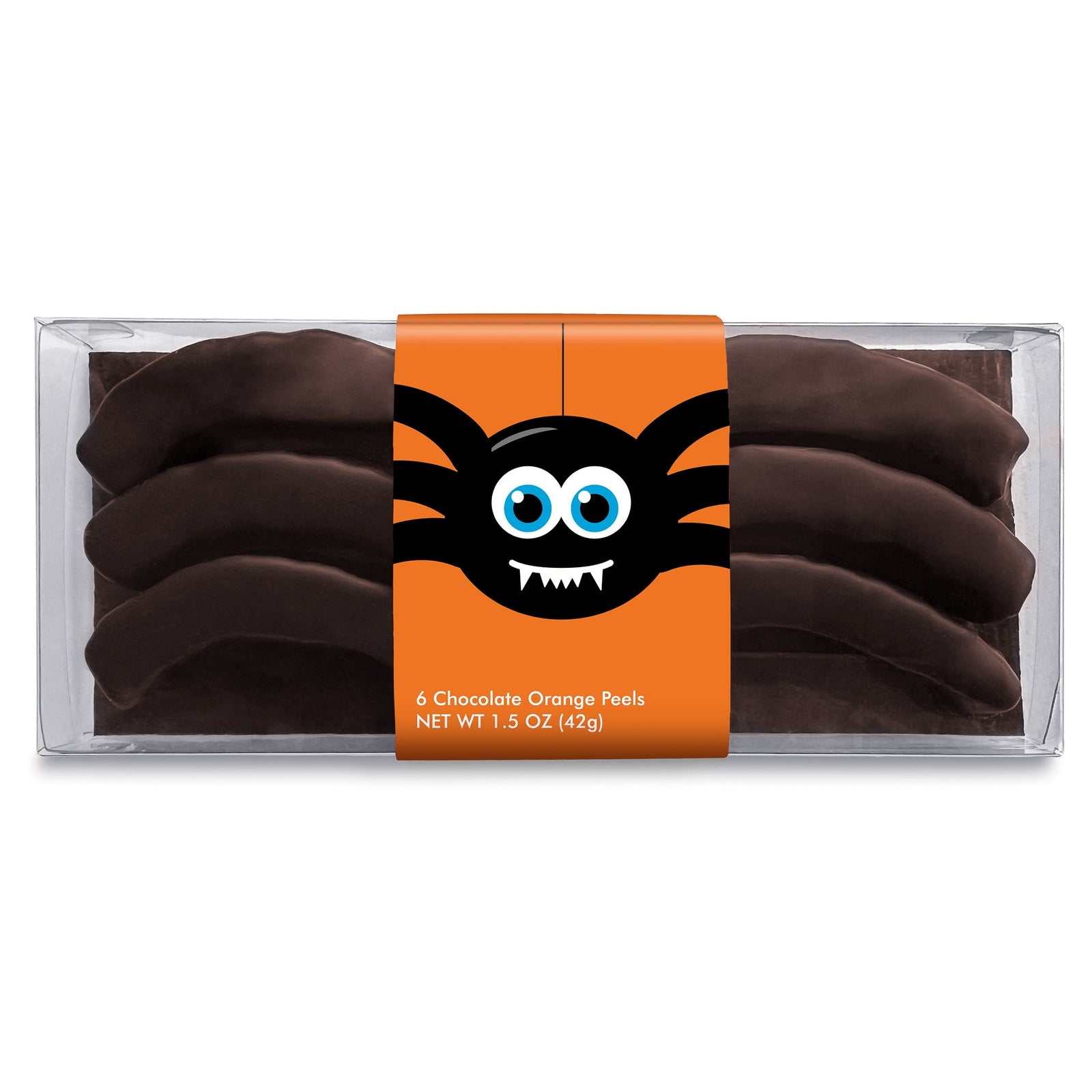A clear box with orange product label featuring a cartoon fanged spider. The curved sticks of chocolate covered orange peel inside resemble the spider's legs.