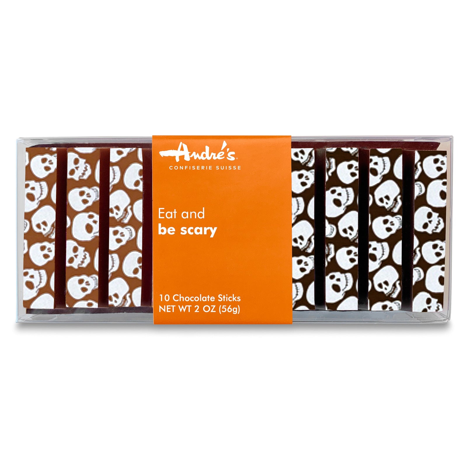 Chocolate sticks (half milk and half dark) with white skull designs in a clear box with orange "Eat and be scary" product label.