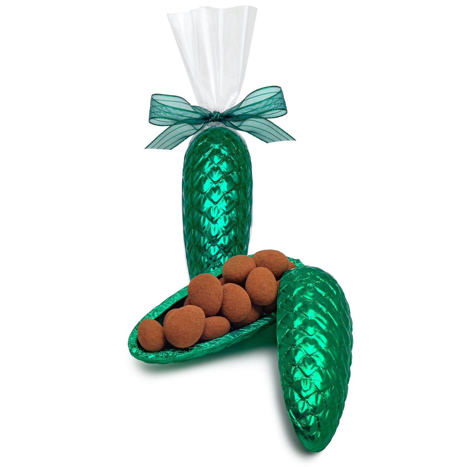 2 red foil-covered pinecone shells, one in a clear bag with red bow, the other open to reveal milk chocolate covered almonds inside.