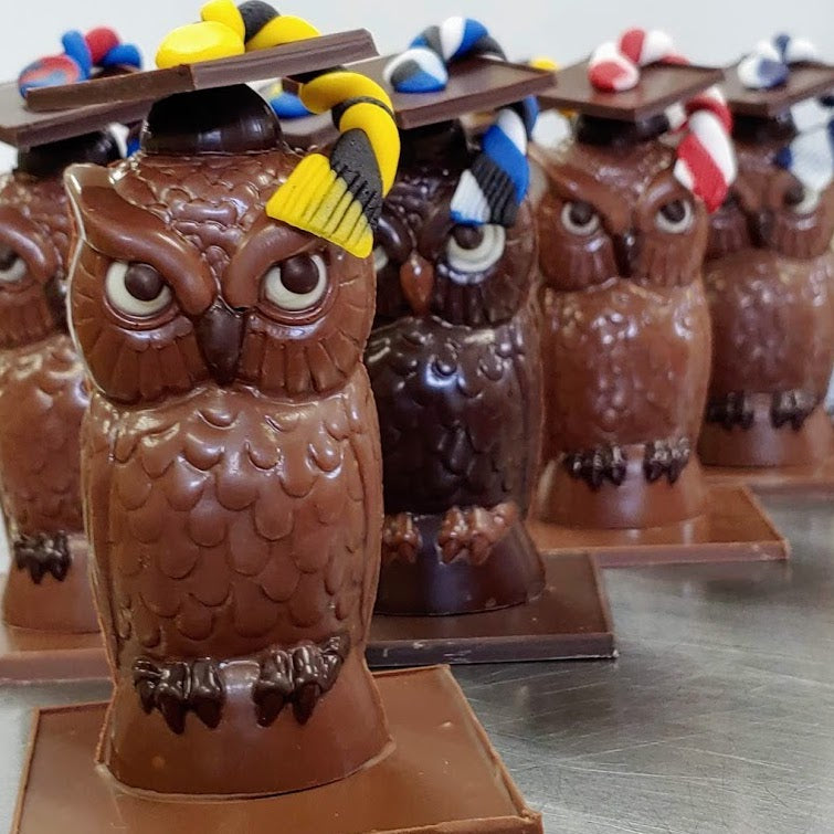 A milk chocolate molded graduation owl with a red and blue tassel on the mortar board
