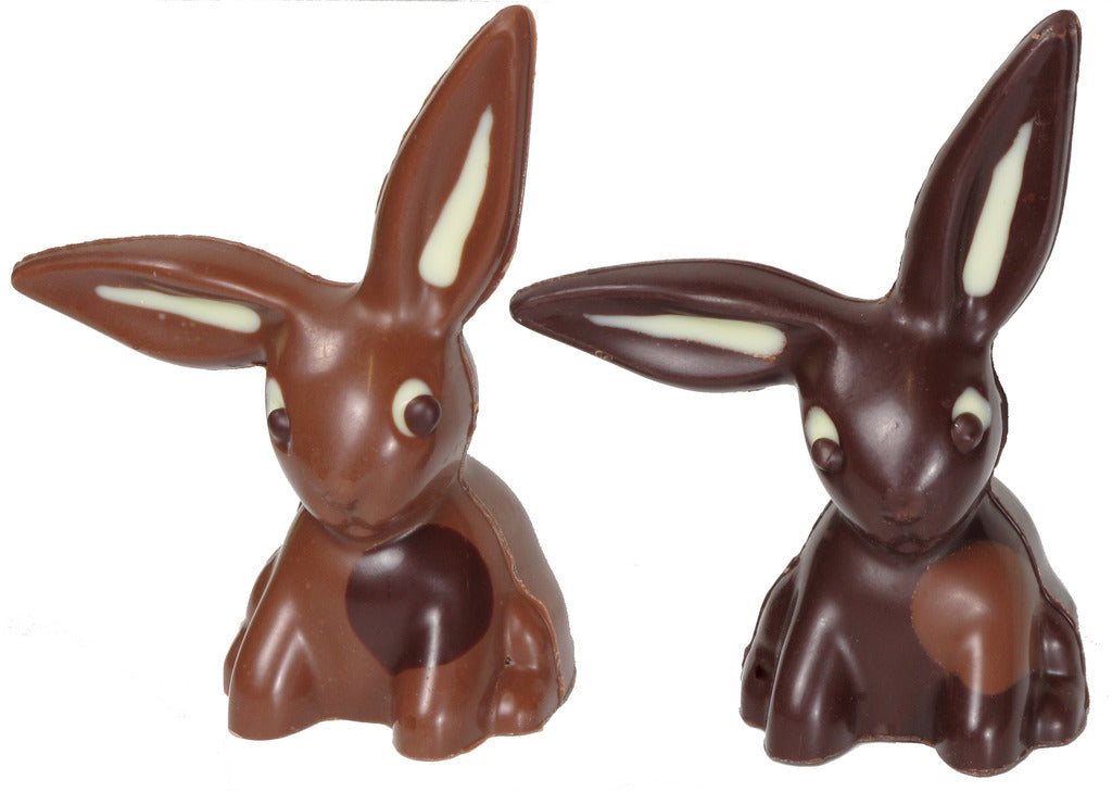 Two handcrafted chocolate bunnies with lop ears, one molded in milk chocolate and the other in dark chocolate, both with white chocolate details.